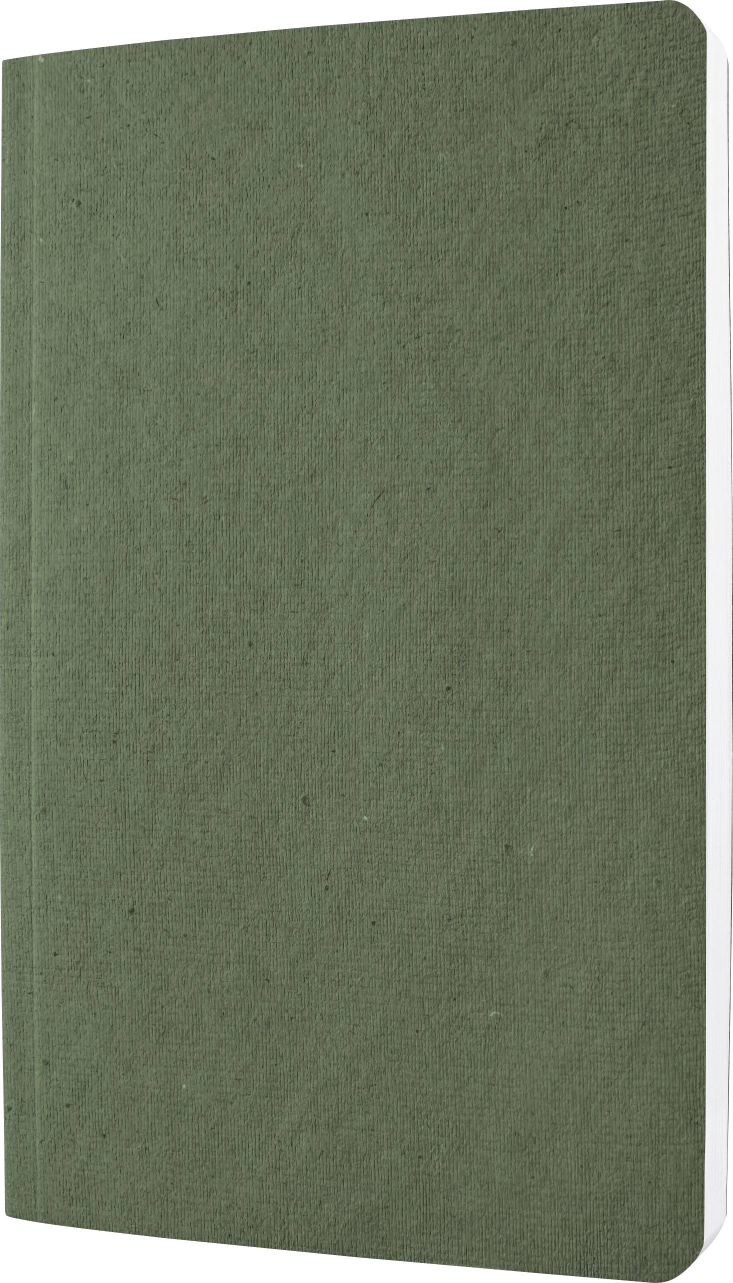 Front view of a plain green notebook with a textured cover, slightly open, revealing white pages.