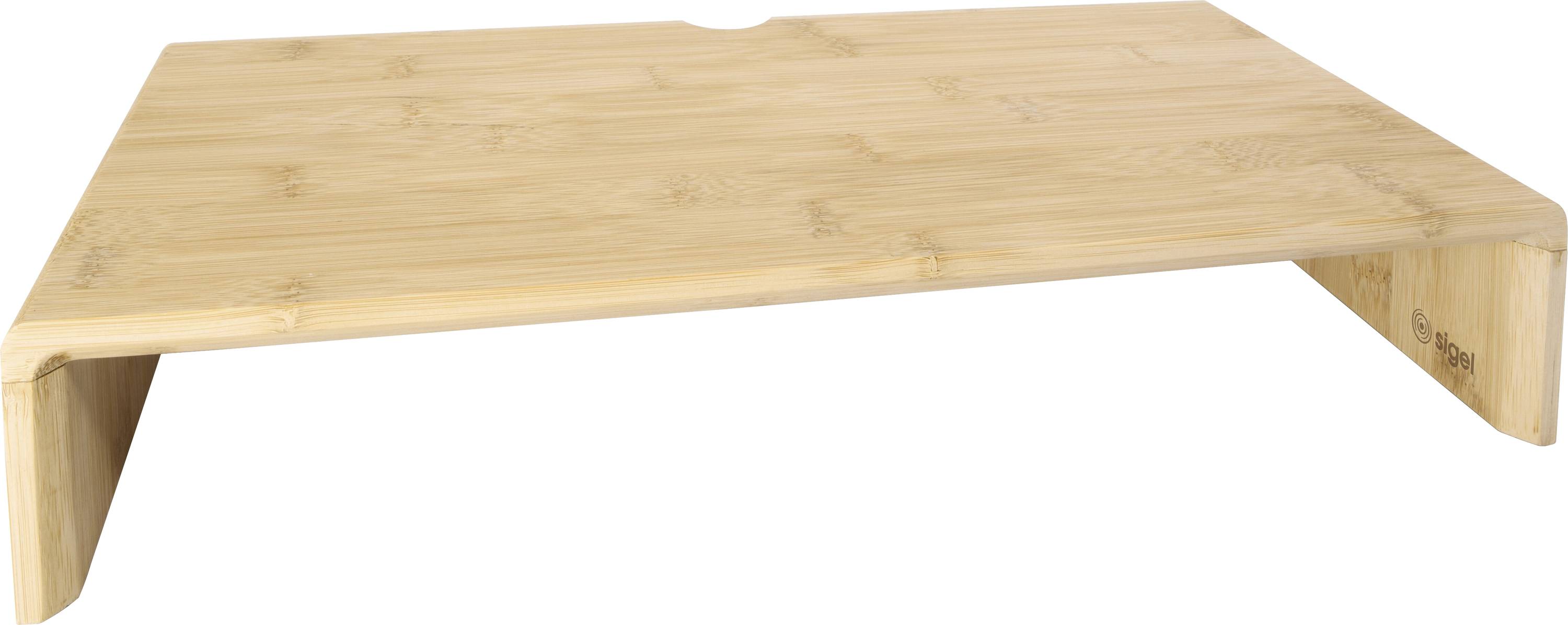 A bamboo monitor stand with a minimalist design, featuring a smooth, flat surface and sturdy legs, suitable for desk organization.