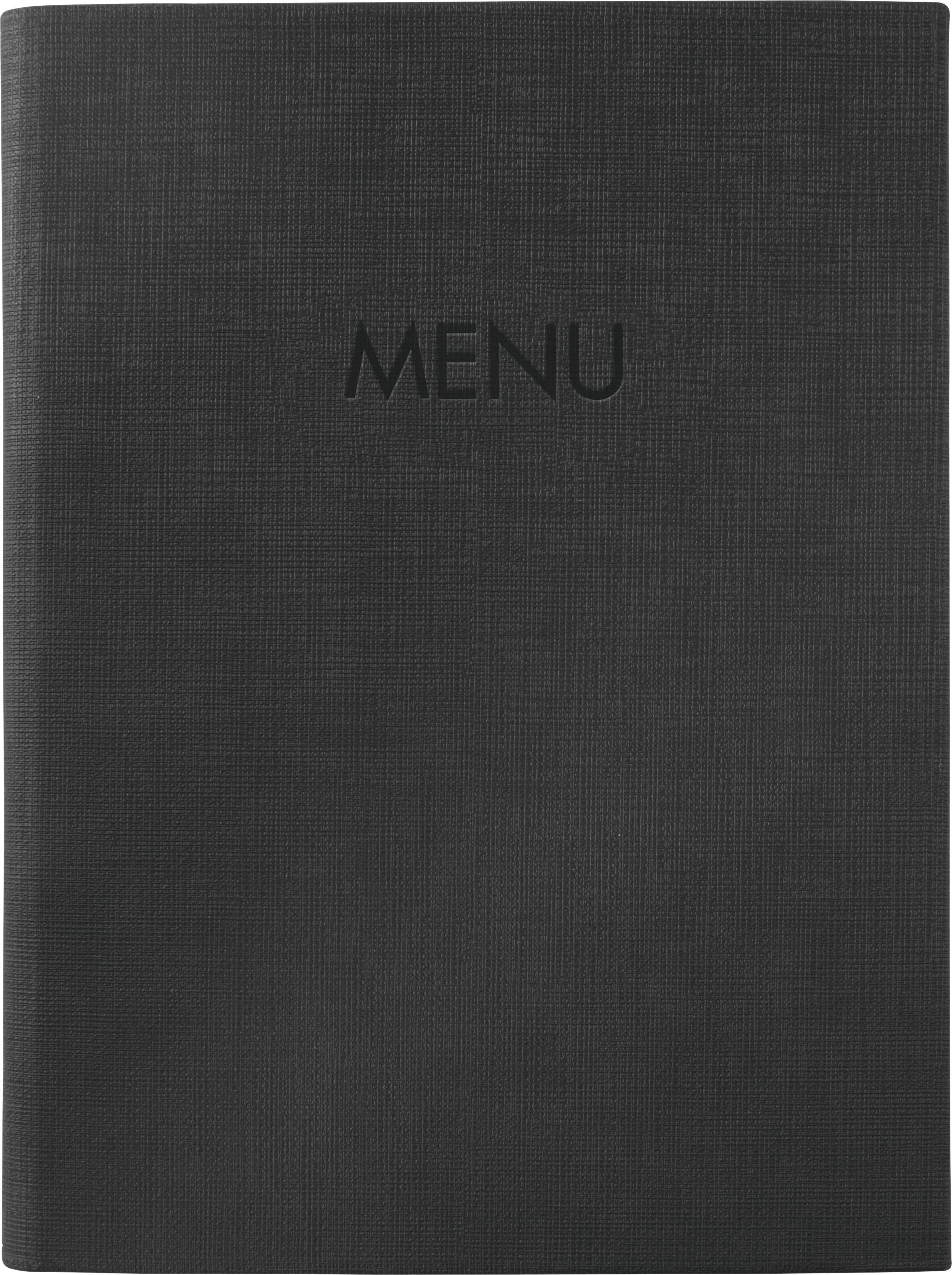 A black menu cover with the word 'Menu' embossed on the front.