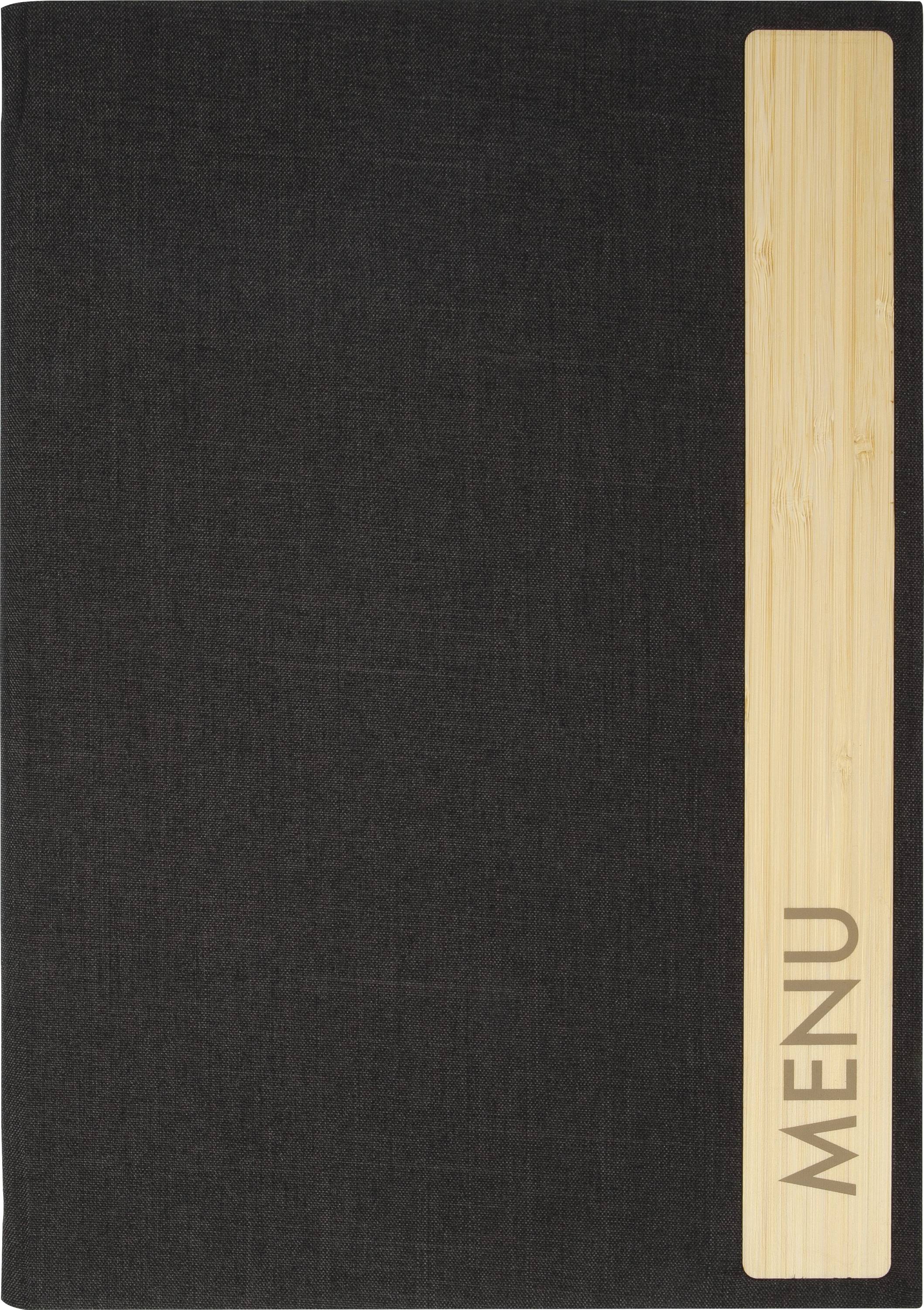 A black menu cover with a wooden strip on the right side displaying the word 'MENU'.