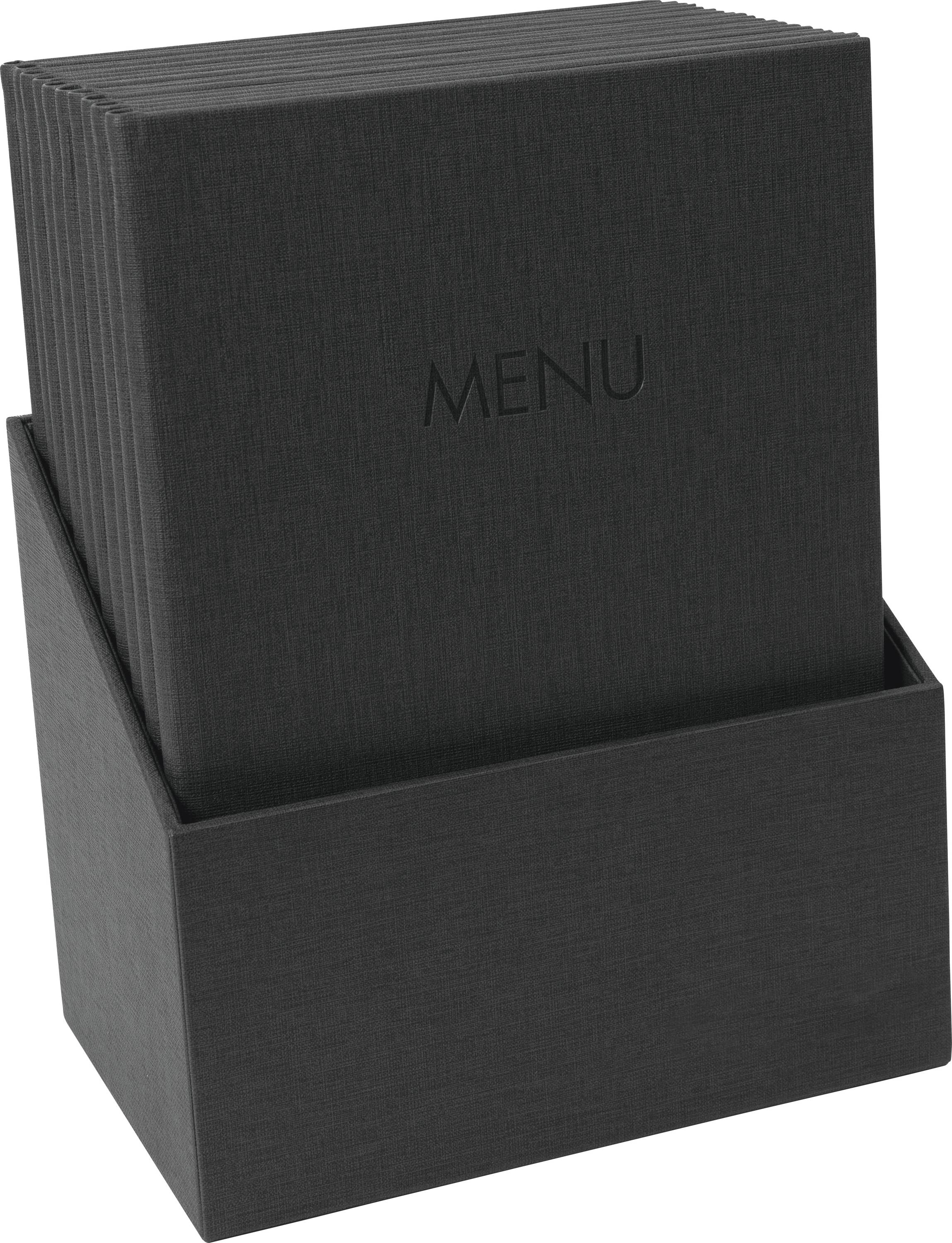 A dark-colored holder containing multiple menus with 'MENU' embossed on the front, placed upright for easy access.