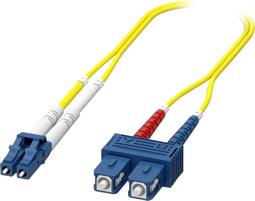 A yellow fiber optic cable with blue and red connectors, featuring two LC connectors on one end and two SC connectors on the other.