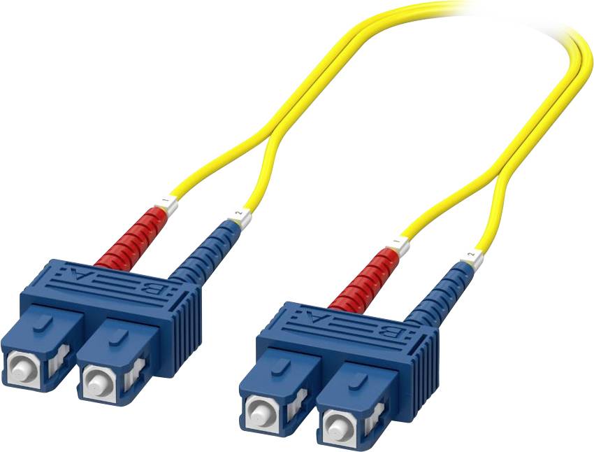 A pair of yellow fiber optic cables with blue connectors, used for high-speed data transmission in networking solutions.