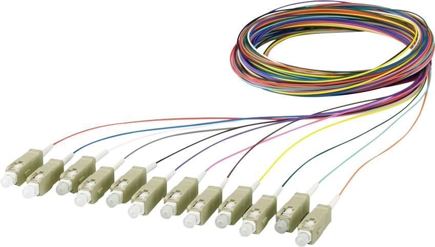 A multicolored fiber optic cable assembly with ten connectors, each with a different colored wire, used for network or telecommunications.