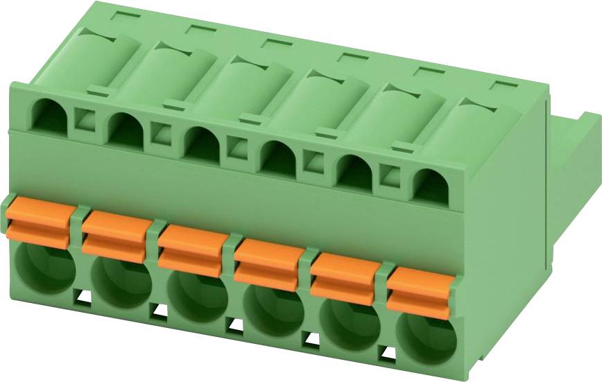 A green terminal block with orange levers, used for electrical connections, is shown. It has multiple slots and a modular design.