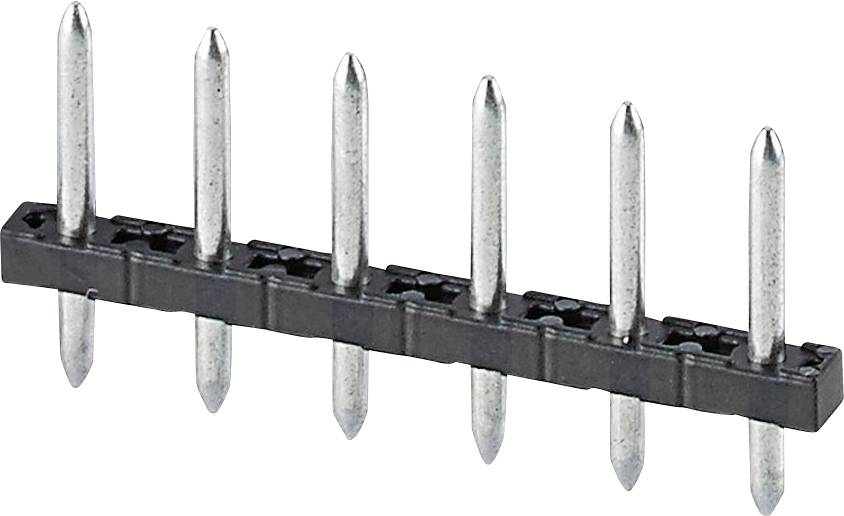 A black plastic pin header with six metal pins arranged in a row is shown. The pins are metallic and pointed at one end.