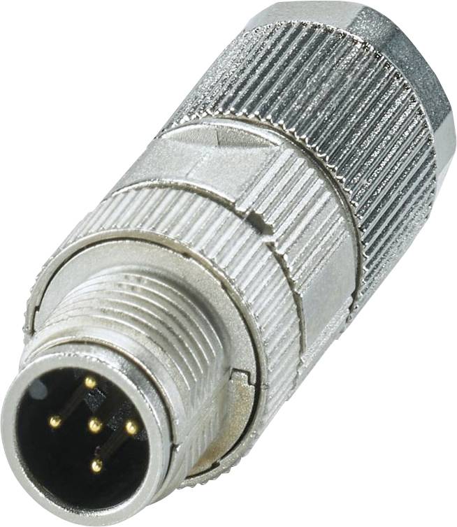 A metallic multi-pin connector with a ridged grip, designed for secure electrical connections.