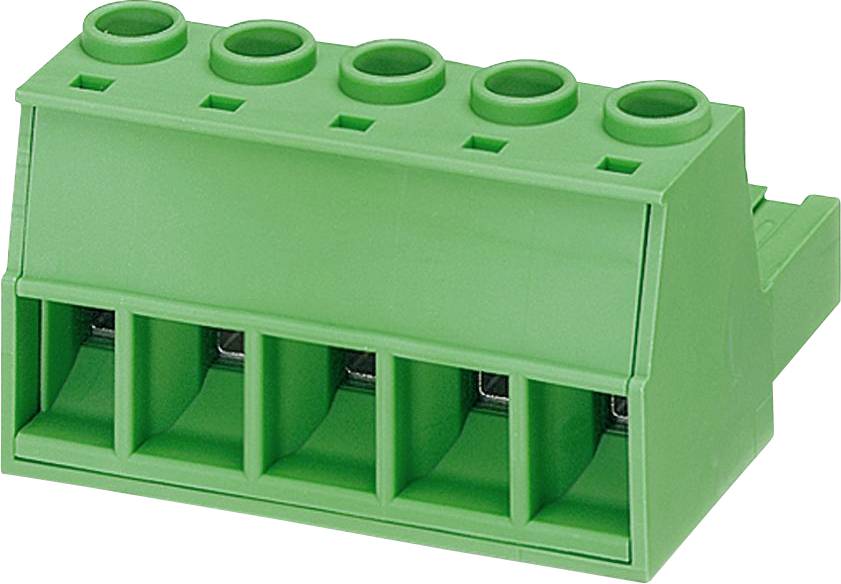 A green, four-pin terminal block connector used for electrical wiring, showing its front sockets and rear wire inputs.