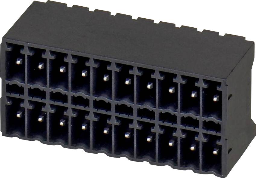 A rectangular, black 24-pin computer connector with two rows of 12 square openings each for electronic interfaces and power supply connections.