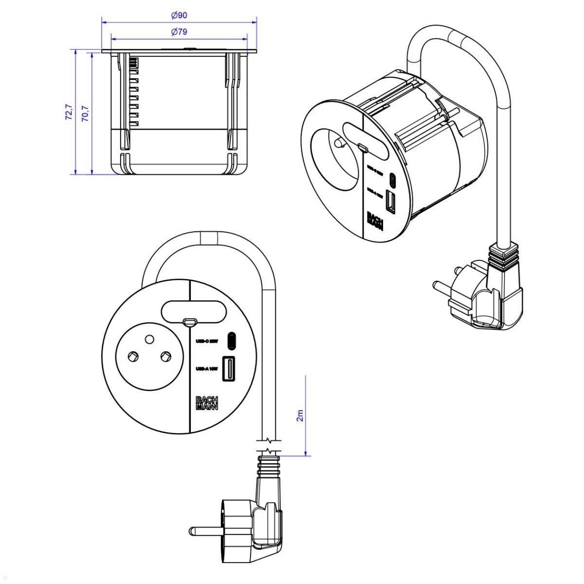 Technical drawing of a retractable power extension reel, showing dimensions, plug, and USB port. Includes front, side, and top views.
