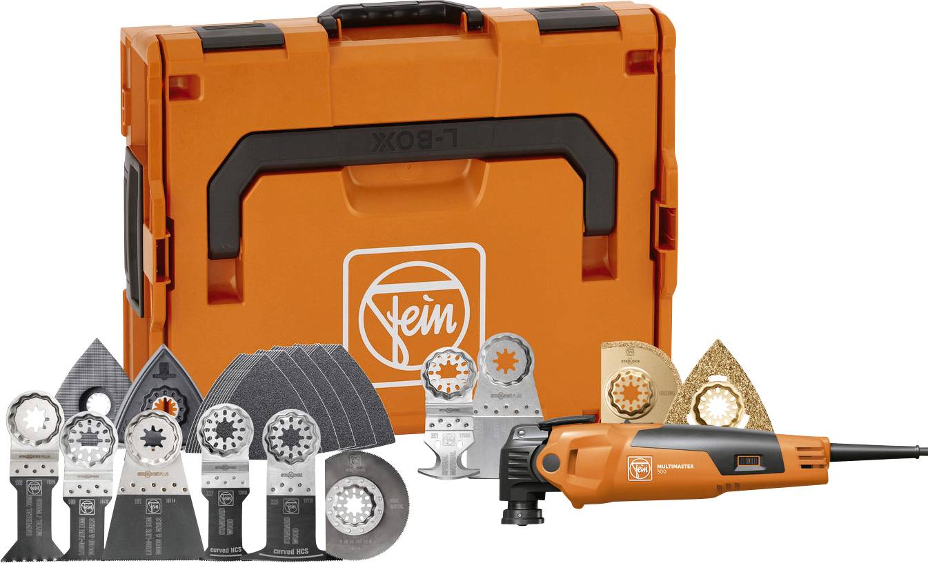 Fein oscillating multi-tool kit with orange carrying case. Includes various metal and wood cutting blades and sanding attachments.