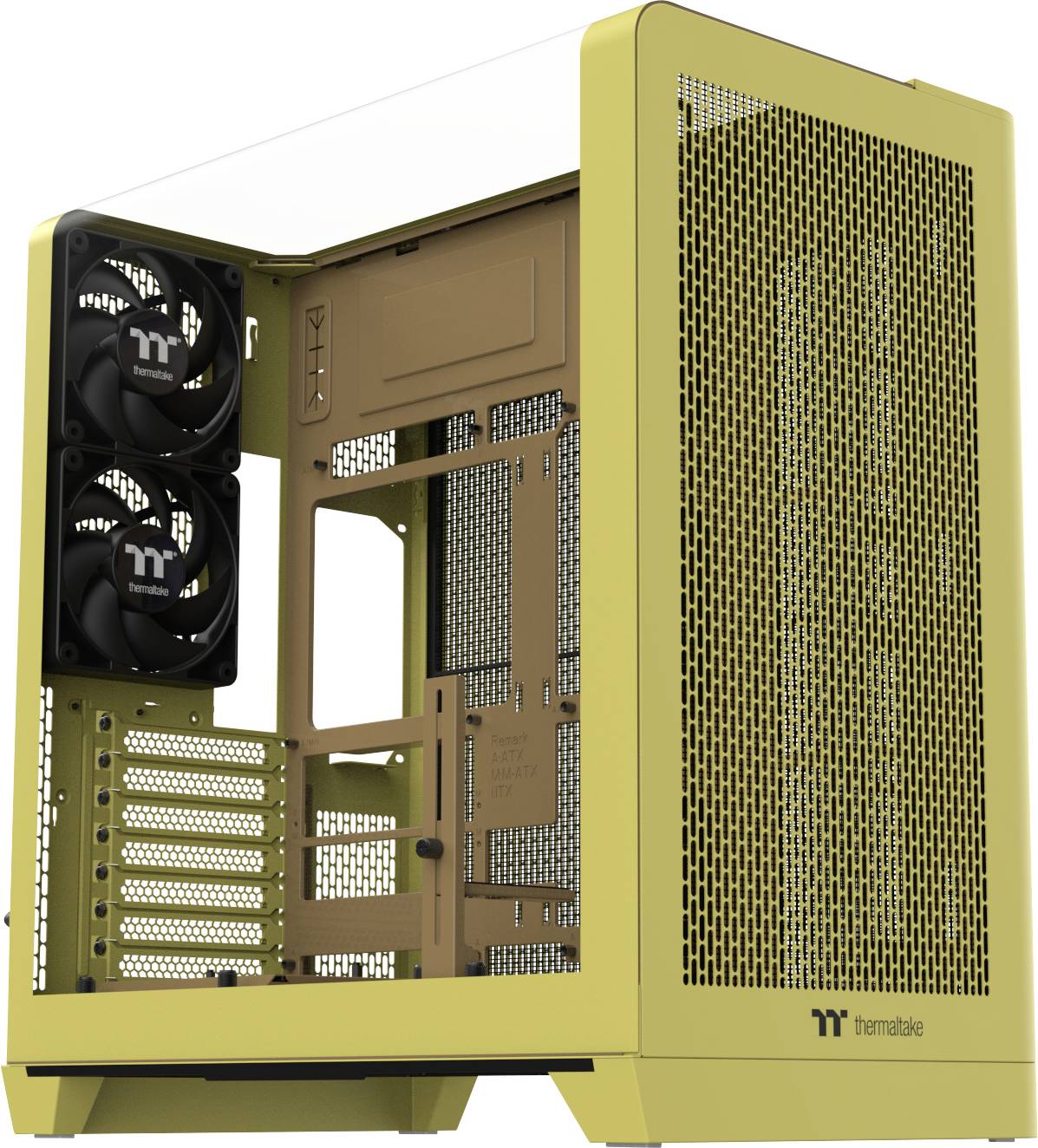 Yellow Thermaltake computer case with a mesh front panel and dual side-mounted fans, designed for efficient airflow and cooling.