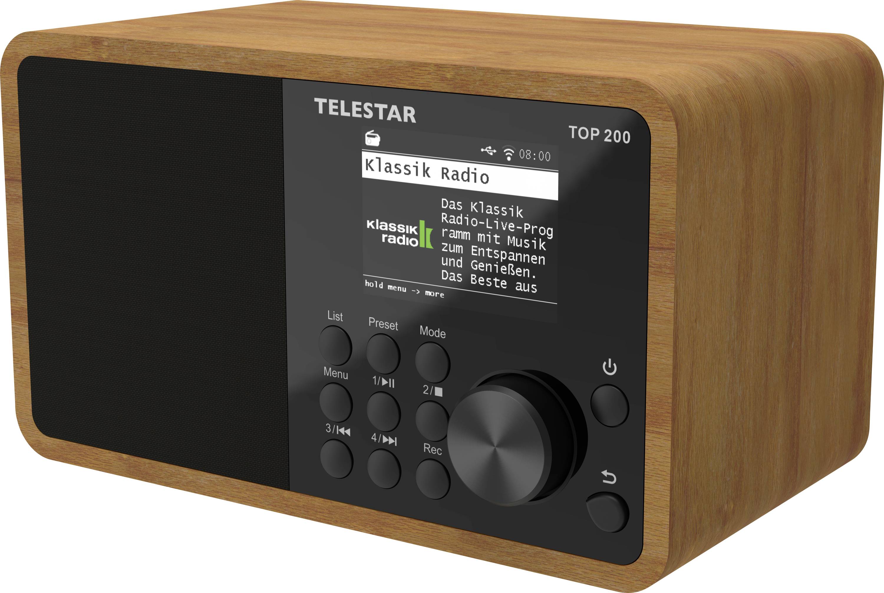 A wooden digital radio with a display screen showing 'Klassik Radio' and control buttons for navigation.