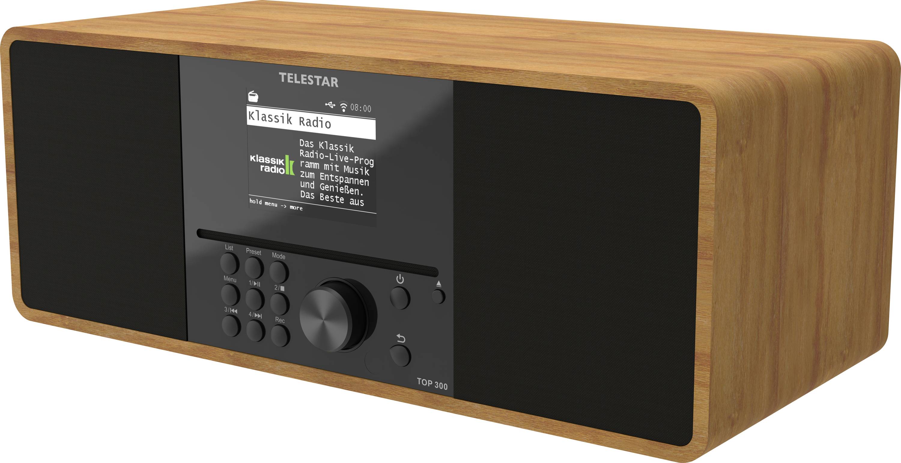 A wooden tabletop radio displaying 'Klassik Radio' on its screen with control buttons and a large central knob below.