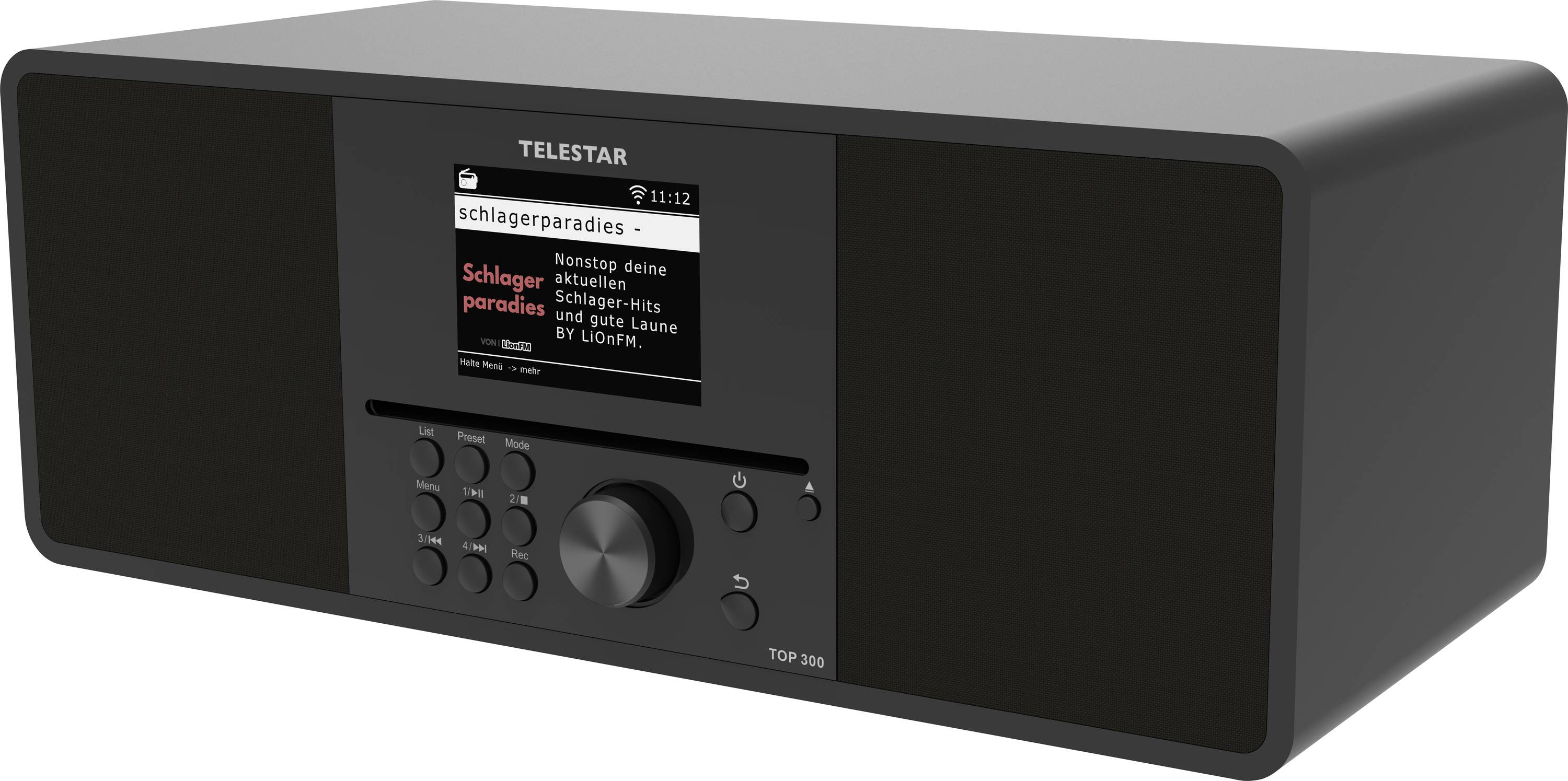 A black stereo system labeled 'Telestar TOP 30©' shows 'schlagerparadies' on its digital screen, featuring various buttons and a large dial.