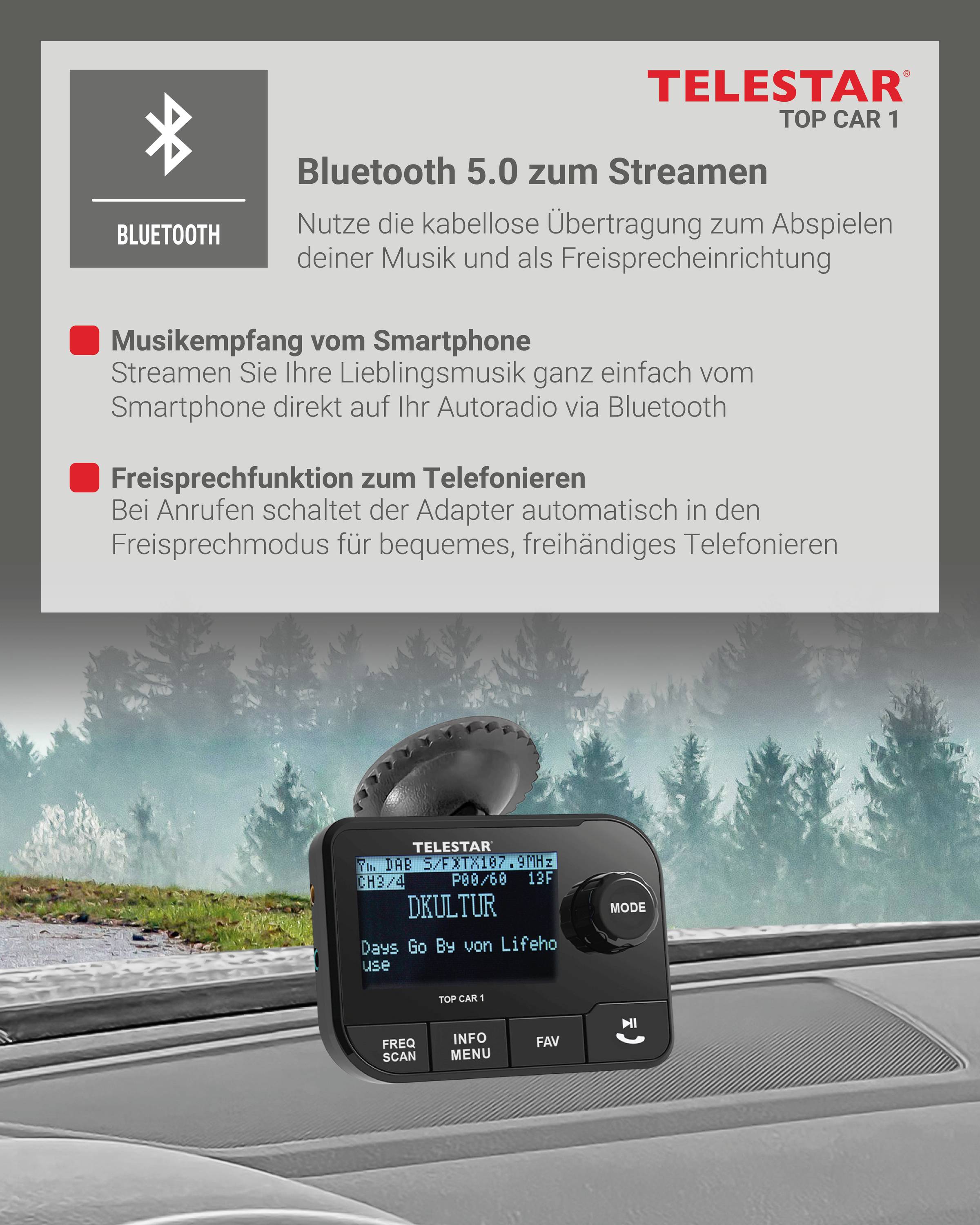 TELESTAR Top Car 1 Bluetooth 5.0 for streaming. Music streaming via smartphone. Hands-free calling. Featured in a forest setting.