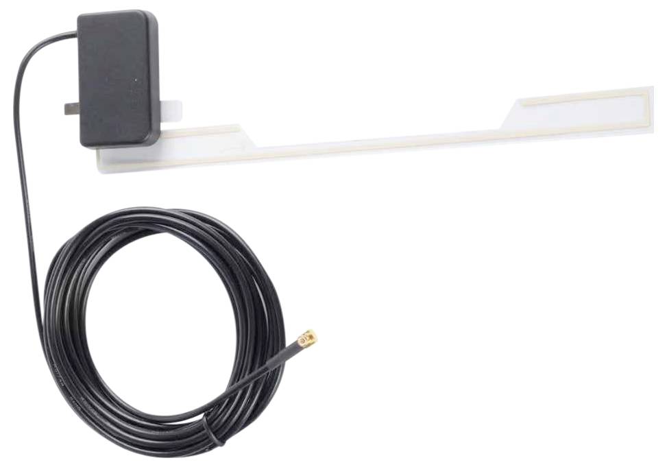 An L-shaped electronic device with an adapter and a long, black cable ending in a small connector, possibly for antenna use.