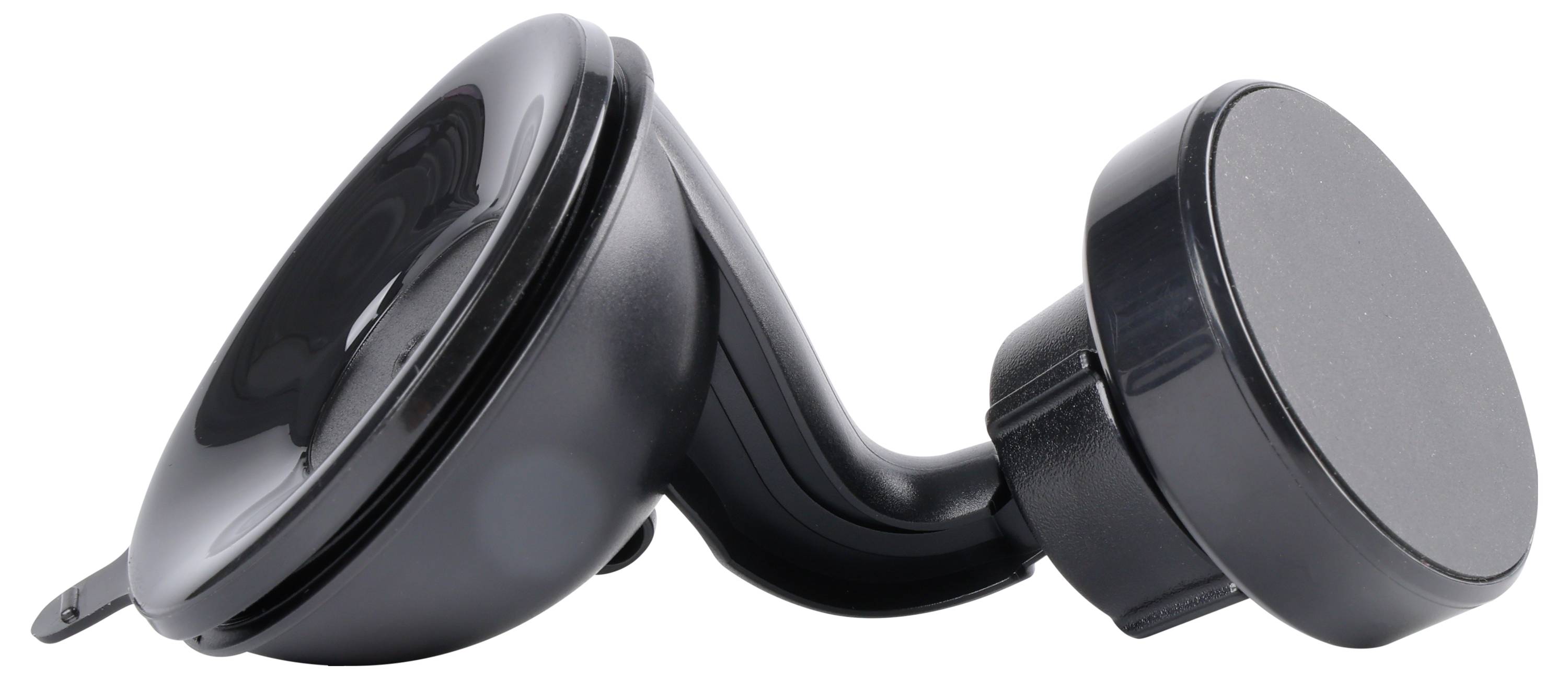 A black, adjustable suction mount with a magnetic base, used for holding devices securely in a vehicle or on a smooth surface.