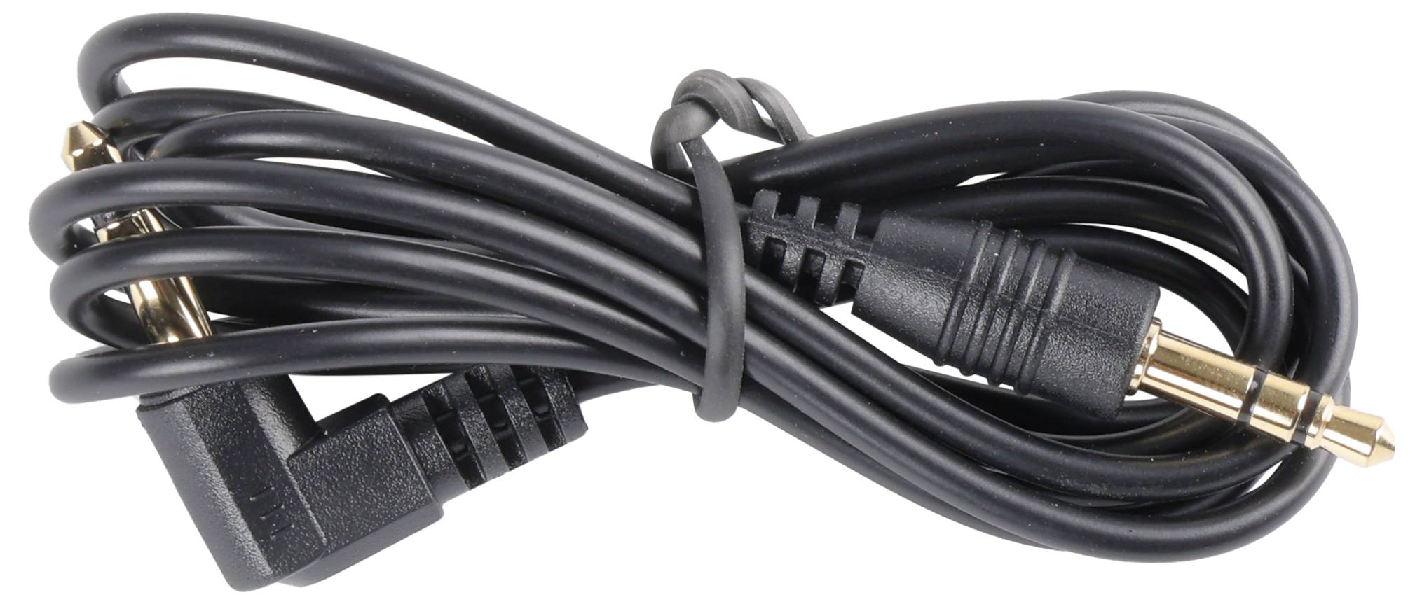 A coiled black audio cable with a 3.5mm jack and right-angle connector, used for connecting headphones or audio devices.