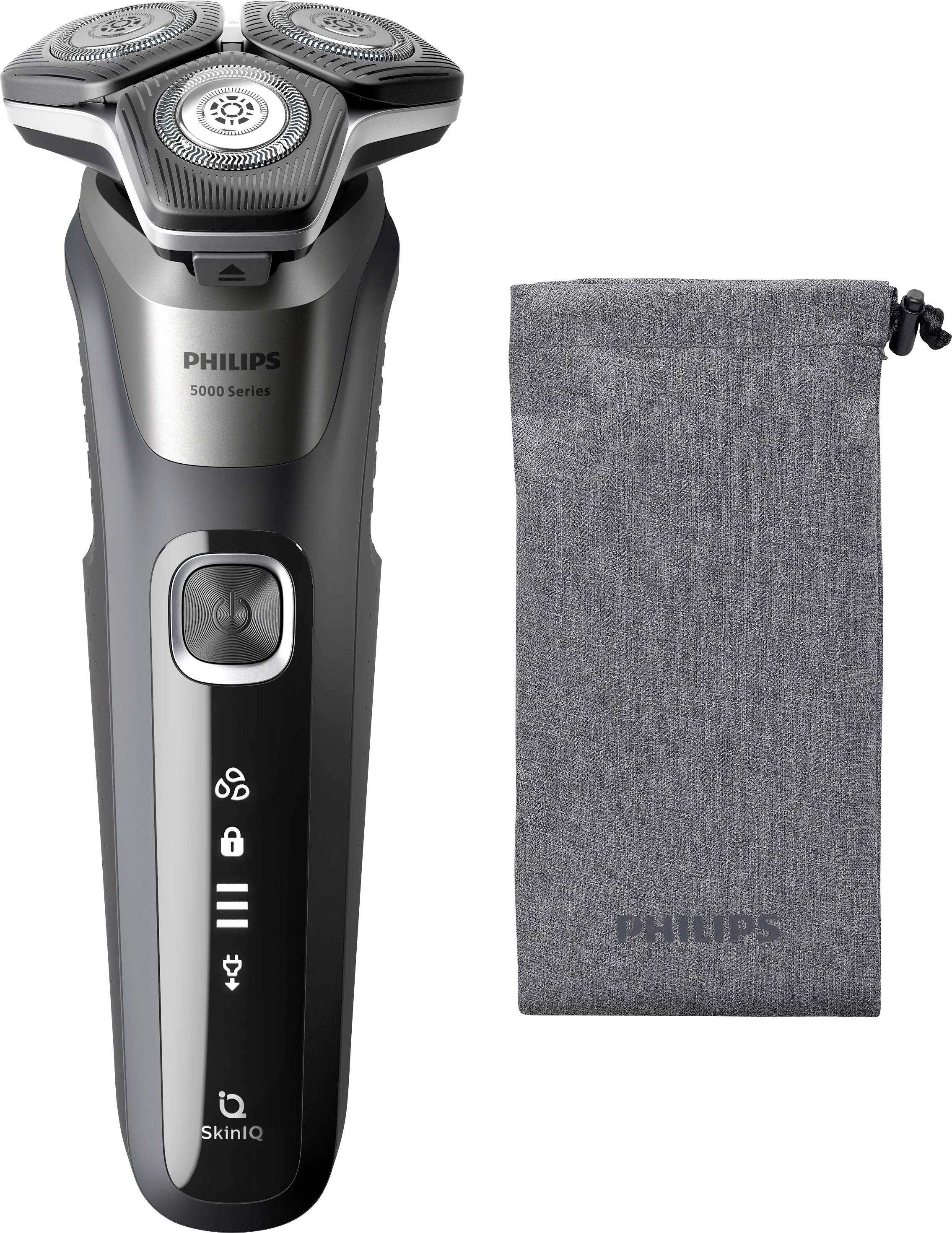 Electric shaver with three rotary blades next to a gray fabric pouch, both labeled 'Philips 5000 Series'.