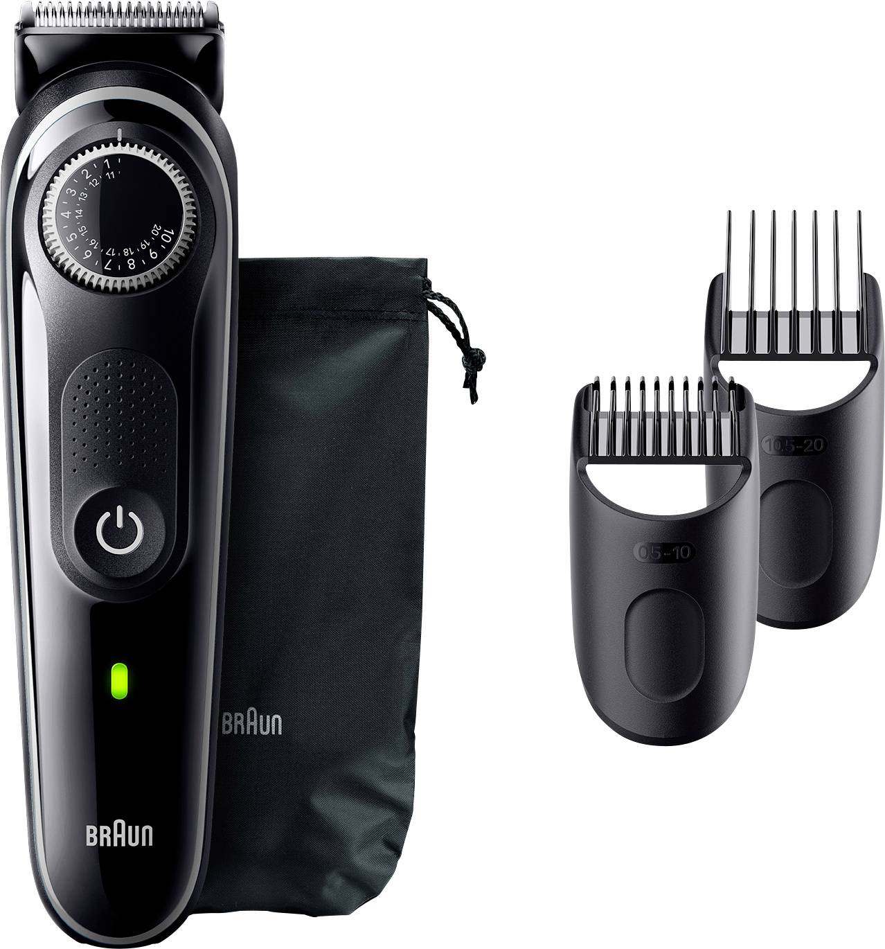 A black electric beard trimmer with adjustable settings, accompanied by two detachable combs and a storage pouch, showcasing grooming options.