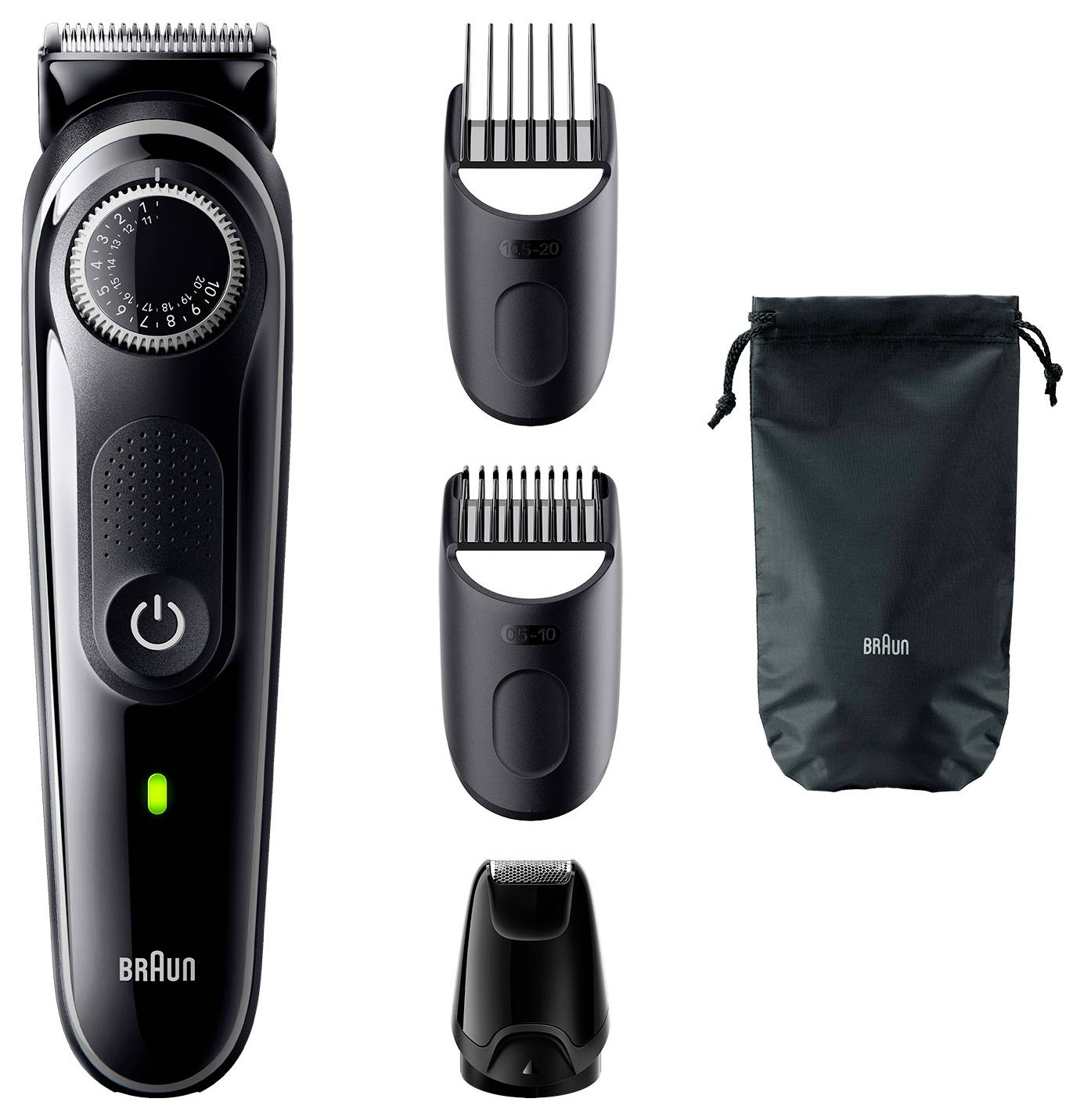 Electric beard trimmer set with comb attachments, precision head, and storage pouch, showcasing the Braun brand logo.