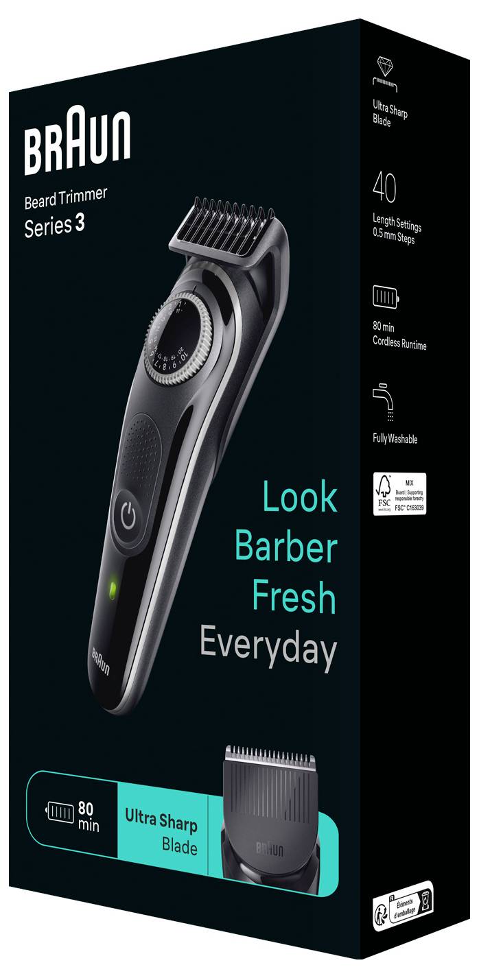 'Braun Beard Trimmer Series 3' packaging, showing the trimmer with 'Look Barber Fresh Everyday' text. Features: ultra sharp blade, 40 length settings, fully washable.