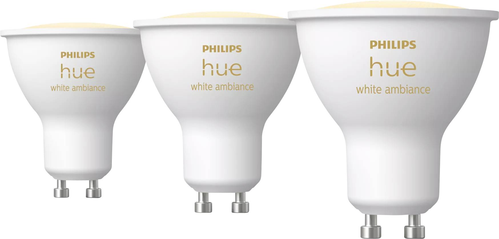 Three Philips Hue white ambiance smart light bulbs with GU10 bases, displayed from left to right, highlighting their design and brand.
