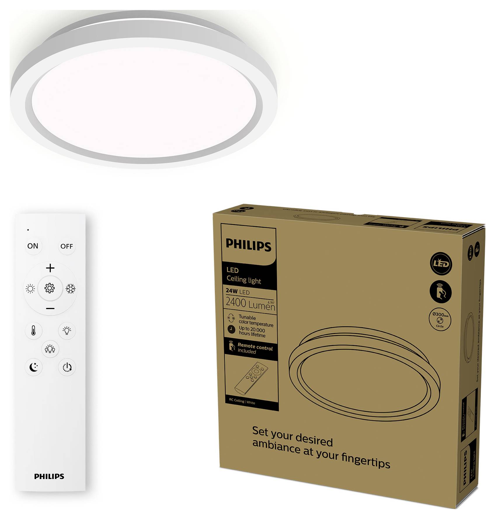 'Philips LED ceiling light with remote control', featuring 24W, 2400 lumens. Brown packaging with product illustration on the front.