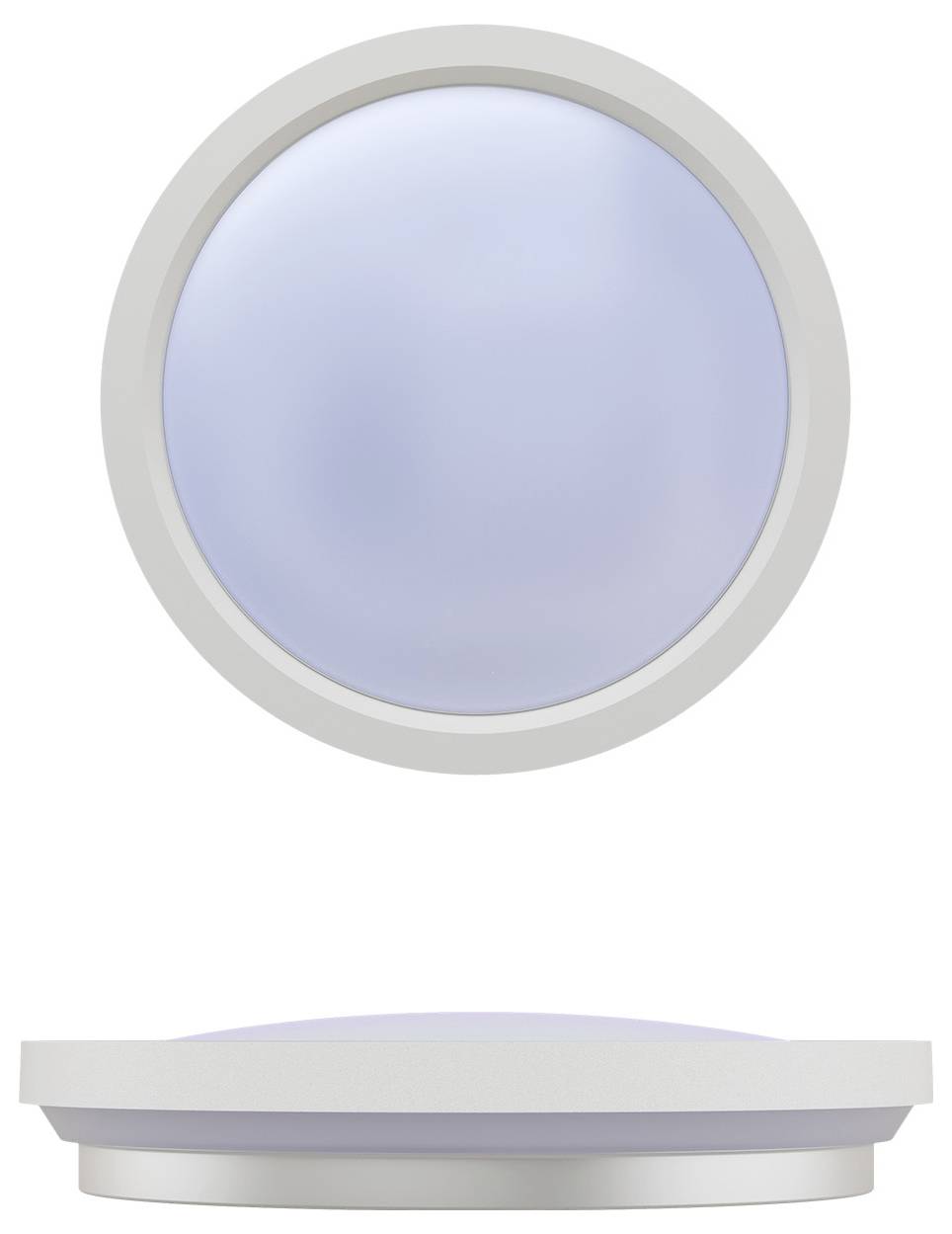 A round, convex lens with a silver rim, viewed from top and side, reflecting light.