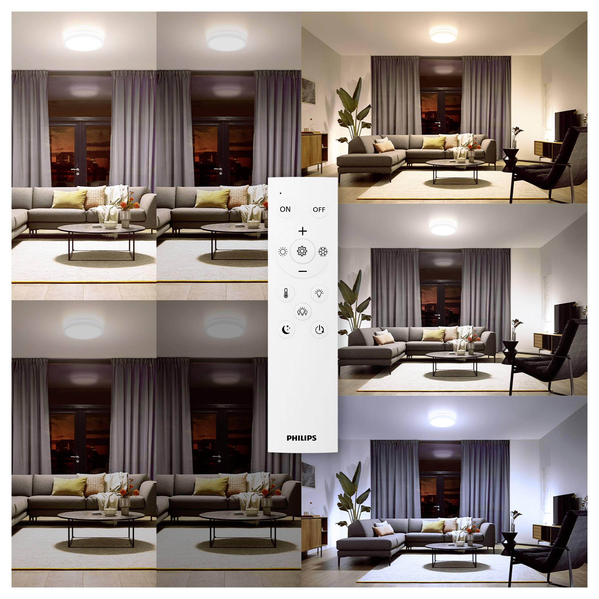 A living room with a sofa, cushions, and a coffee table. Lighting changes from dark to bright in four images. A remote control is centered.
