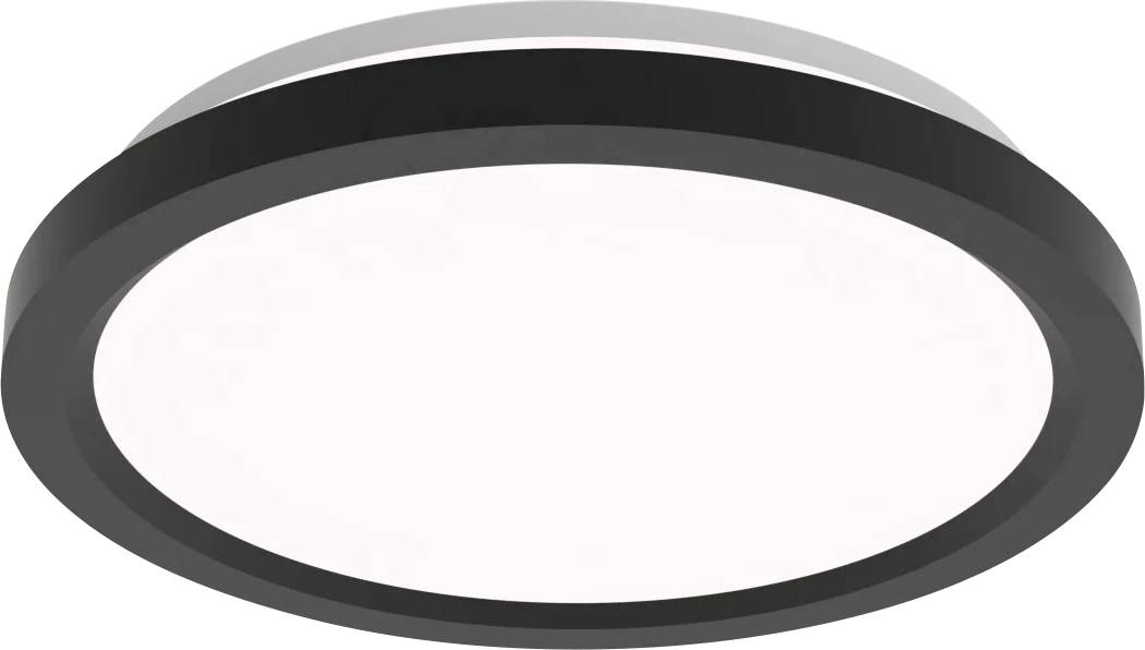 Black-rimmed circular LED ceiling light with a white diffused center, used for modern interior lighting.