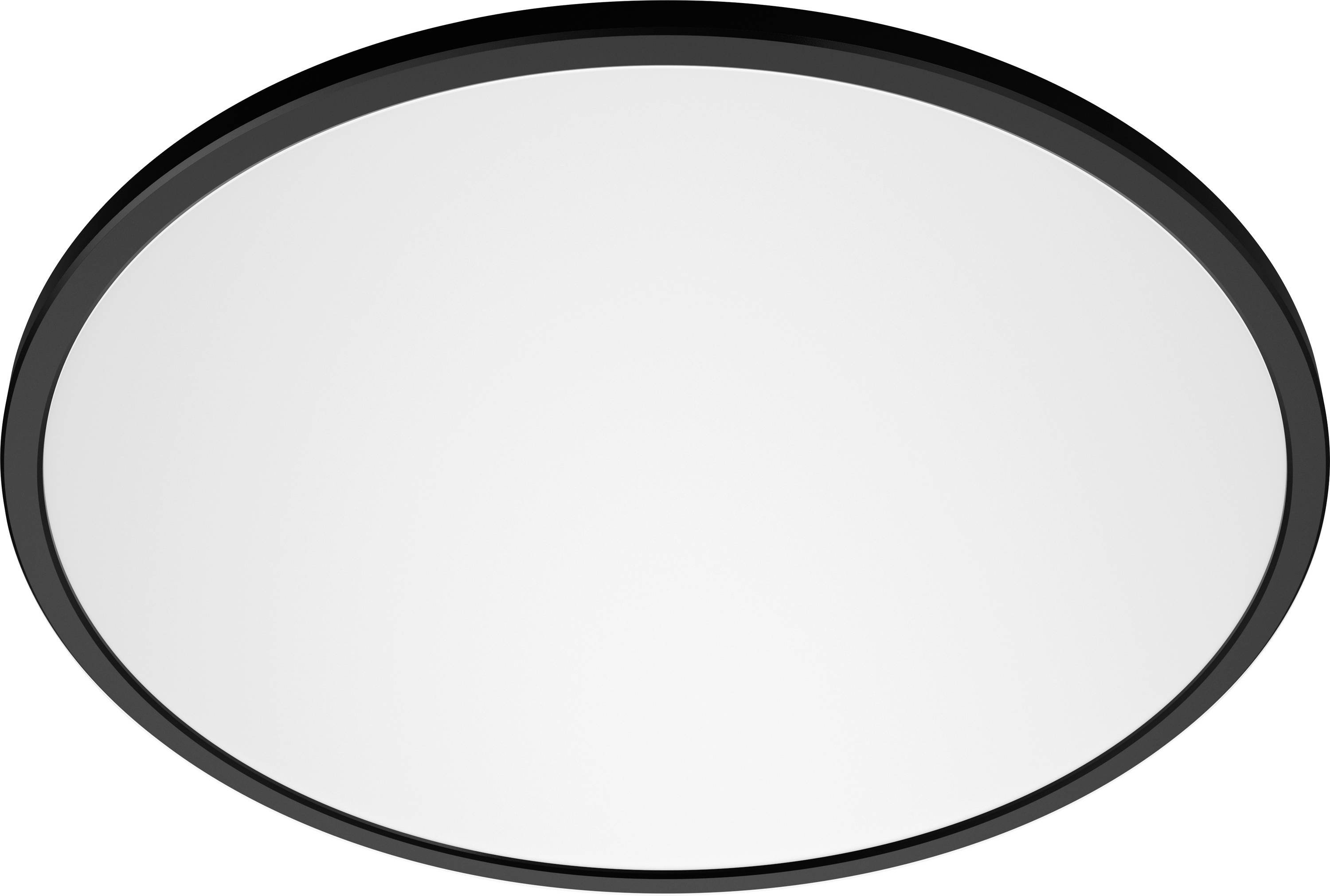 A circular ceiling light with a sleek black rim, evenly illuminating the area.