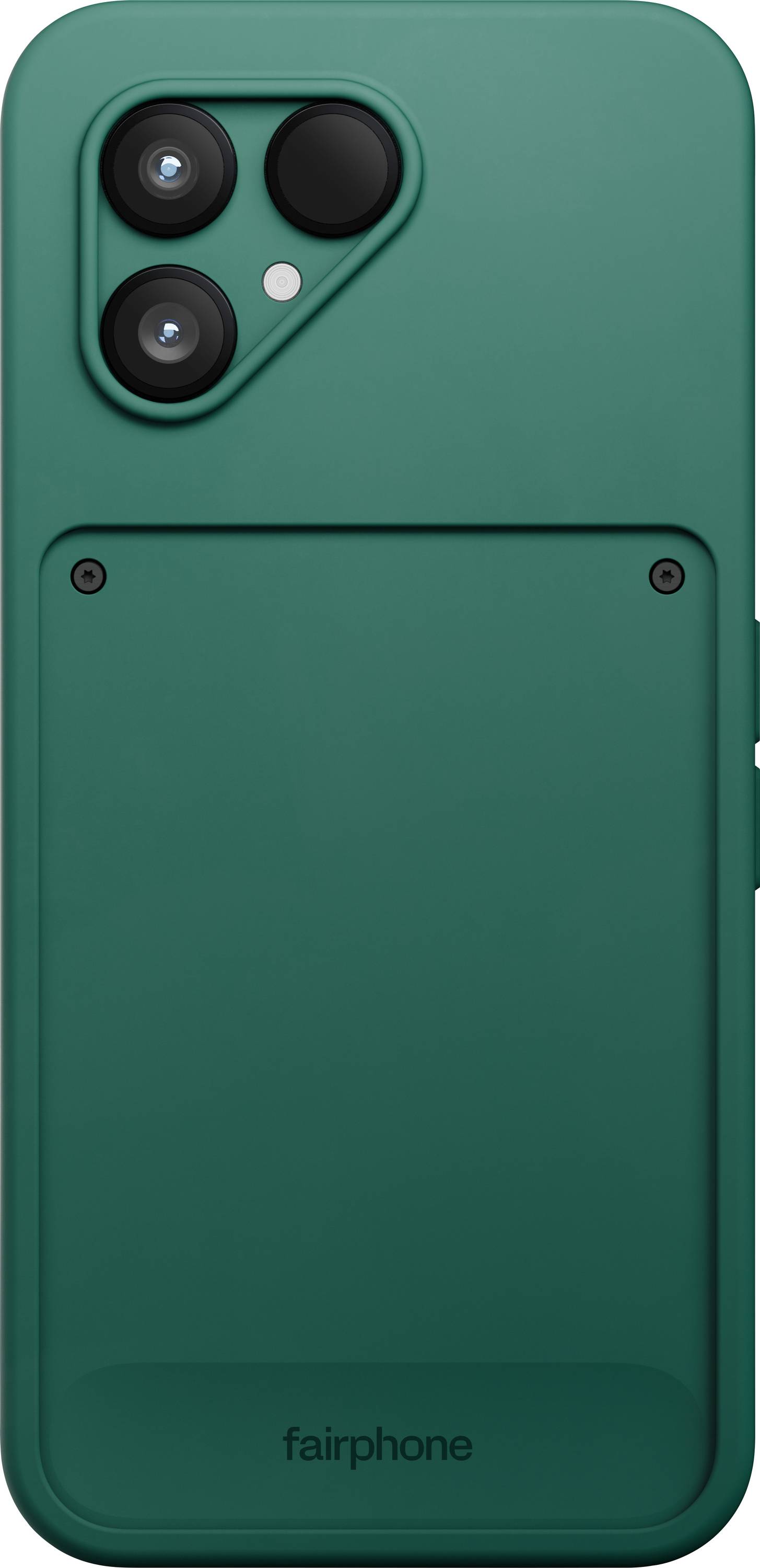 A green smartphone with a modular design, featuring dual rear cameras and the 'fairphone' logo at the bottom.