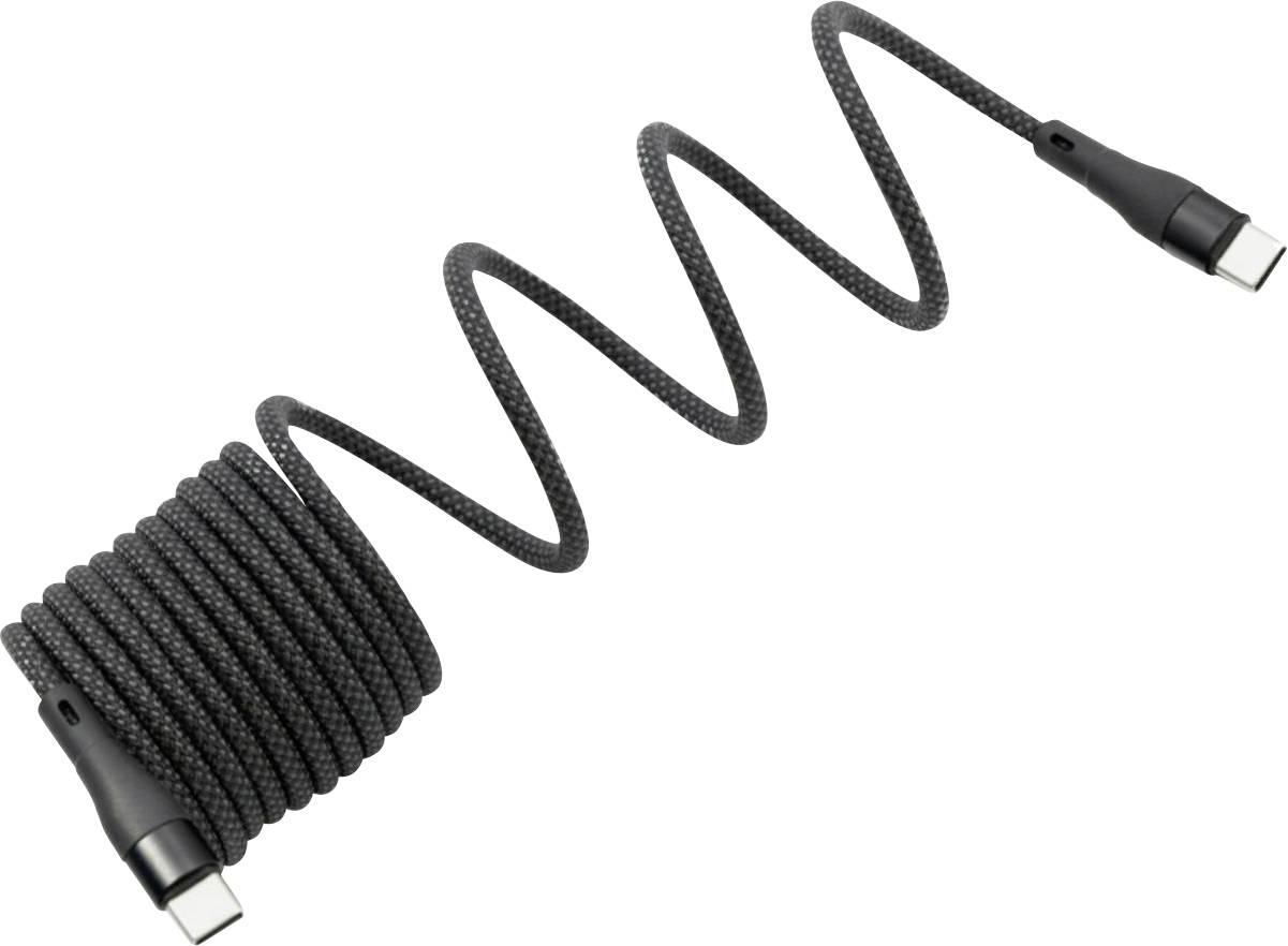 A black, coiled USB-C charging cable with metal connectors on both ends, lying in a zigzag pattern.