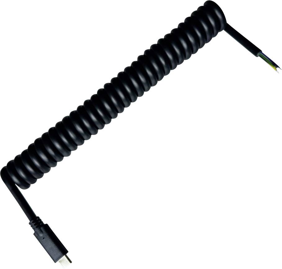 Coiled black charging cable with a connector on one end, suitable for electronic devices.