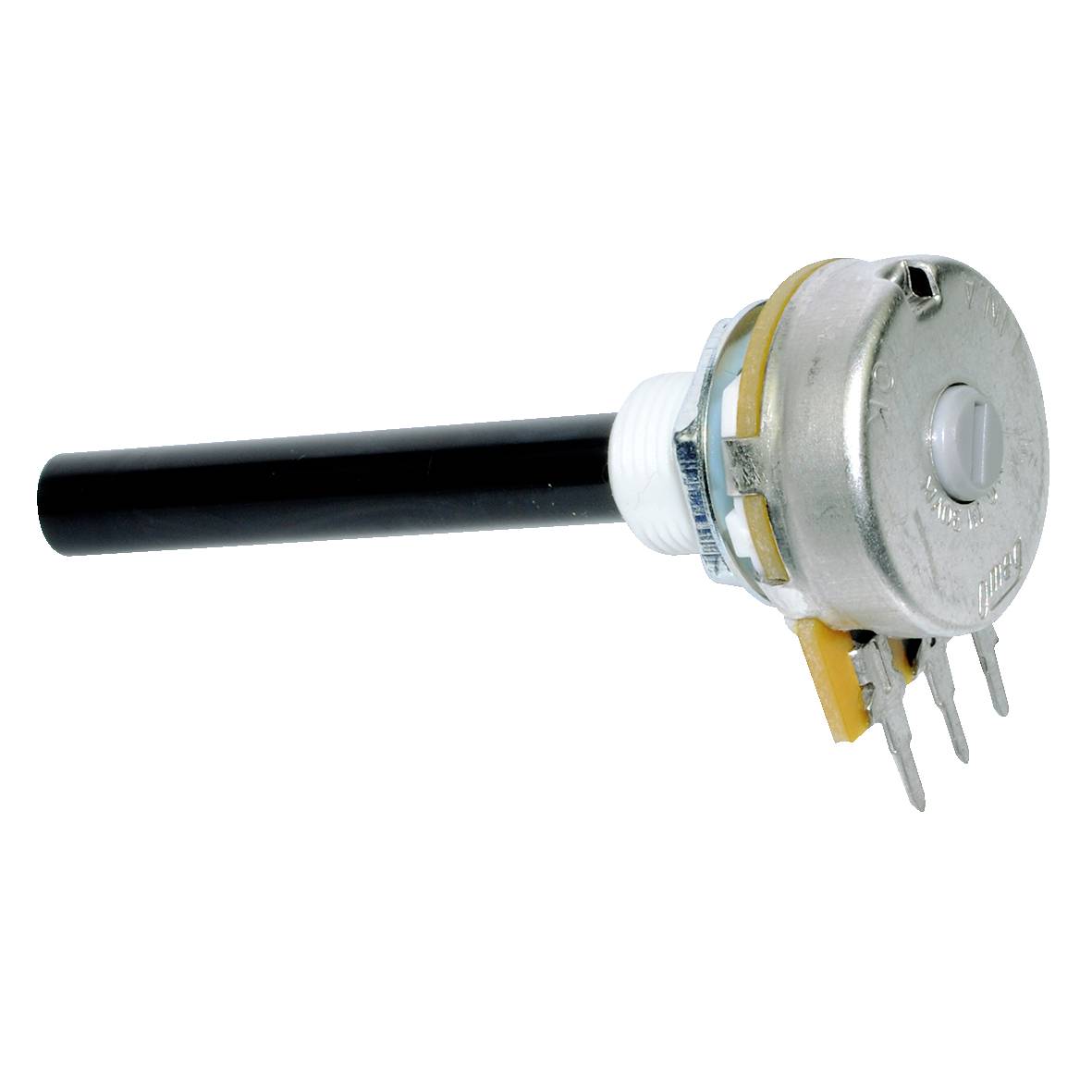 Rotary potentiometer with a long black shaft and three metal prongs for electronic connections.
