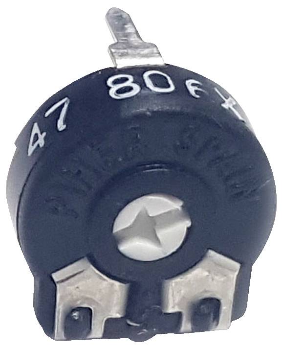 A black and silver rotary potentiometer labeled '47 806'. It has two metal terminals and a central adjustment screw for varying resistance.