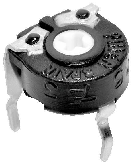 A small, single-turn trimmer potentiometer with three metal legs and an adjustable white dial, used for tuning electronic circuits.