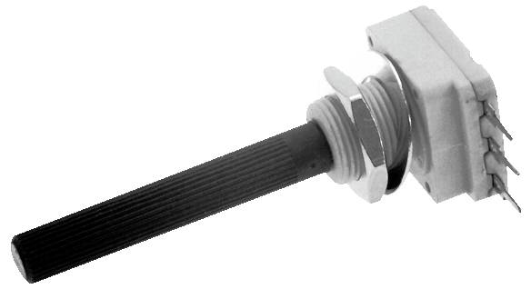 A rotary encoder with a long shaft and multiple connector pins is shown against a plain background, indicating its use in electronic devices.