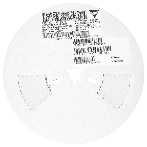 A white reel with a label showing various part numbers, manufacturer 'Vishay', order details, quantity '25000', and date '9.5.2001'.