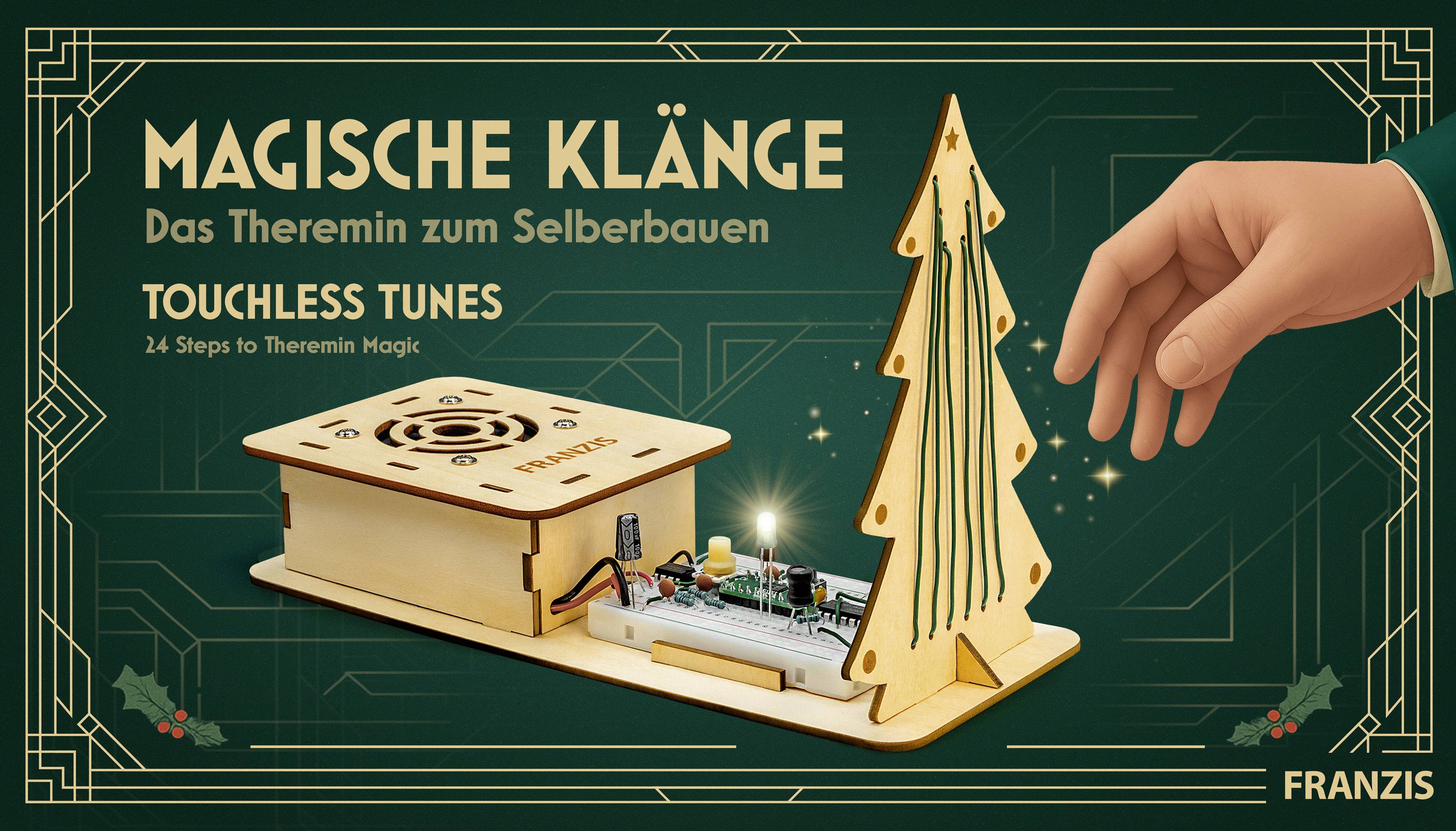A hand reaches towards a wooden theremin kit shaped like a tree, illustrating 'Magische Klänge' with electronics exposed.