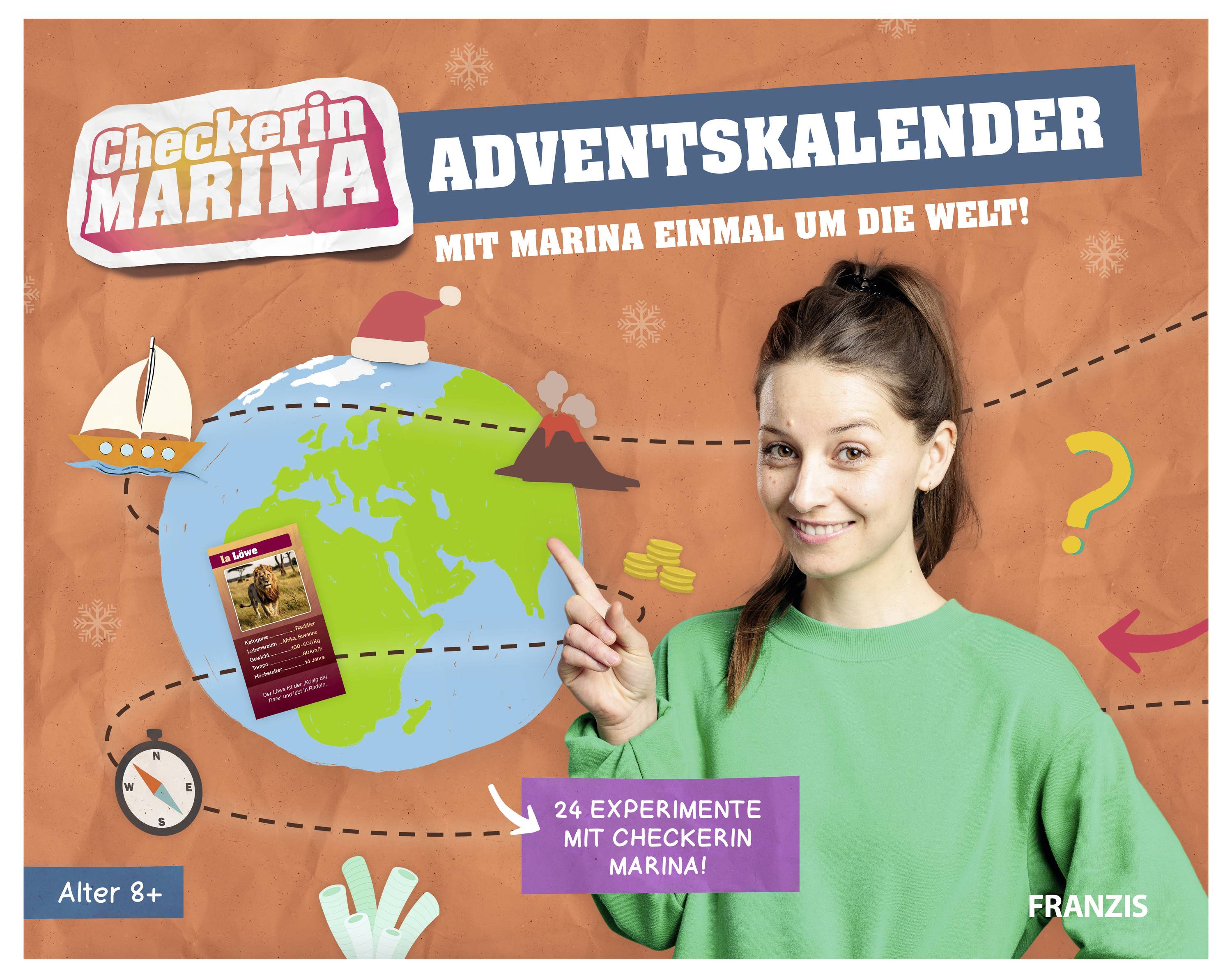 A young woman in a green shirt points to a globe illustration with the text 'Checkerin Marina Adventskalender' and '24 Experimente mit Checkerin Marina!'