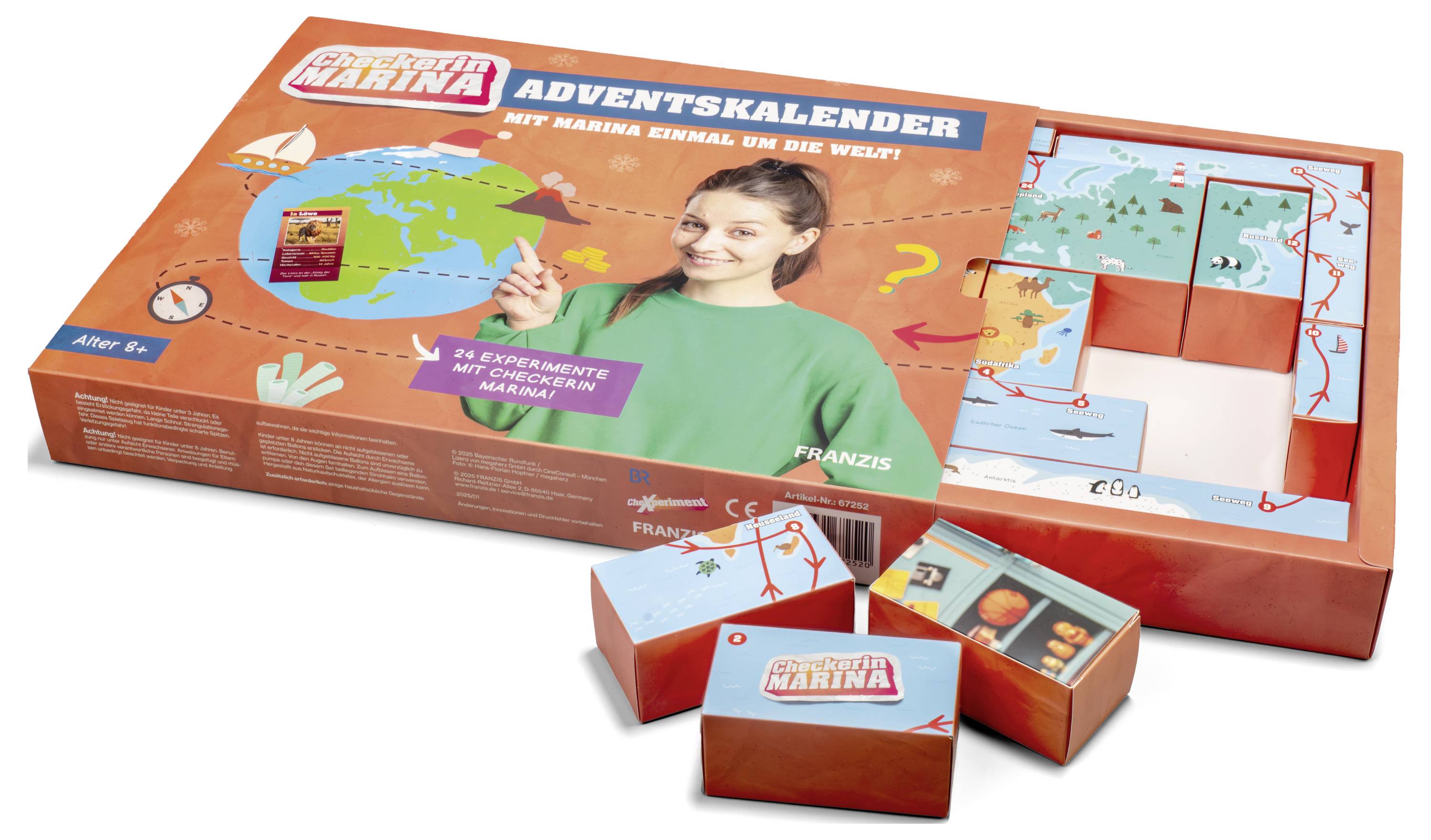 'Adventskalender mit Marinia – Die Welt entdecken', a children's advent calendar with world map design, featuring a smiling kid.