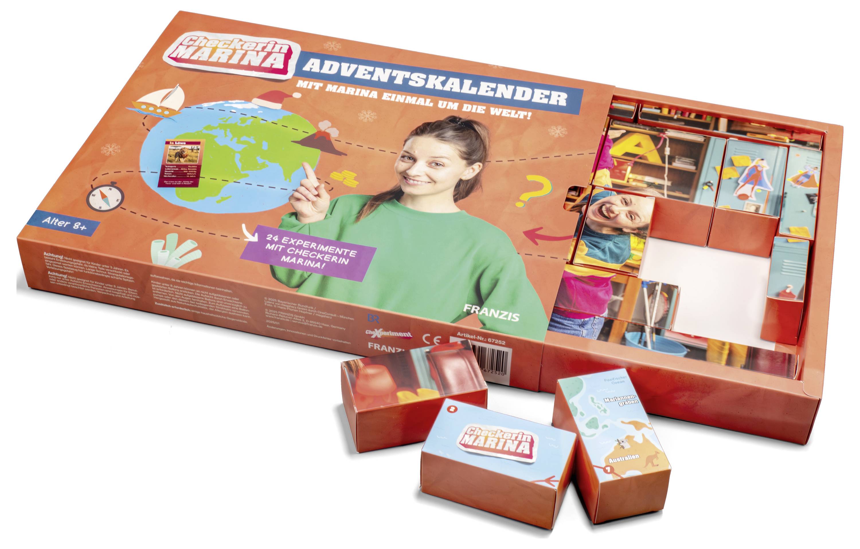 Advent calendar themed around world experiments for children; includes a globe graphic and a smiling child on the packaging.