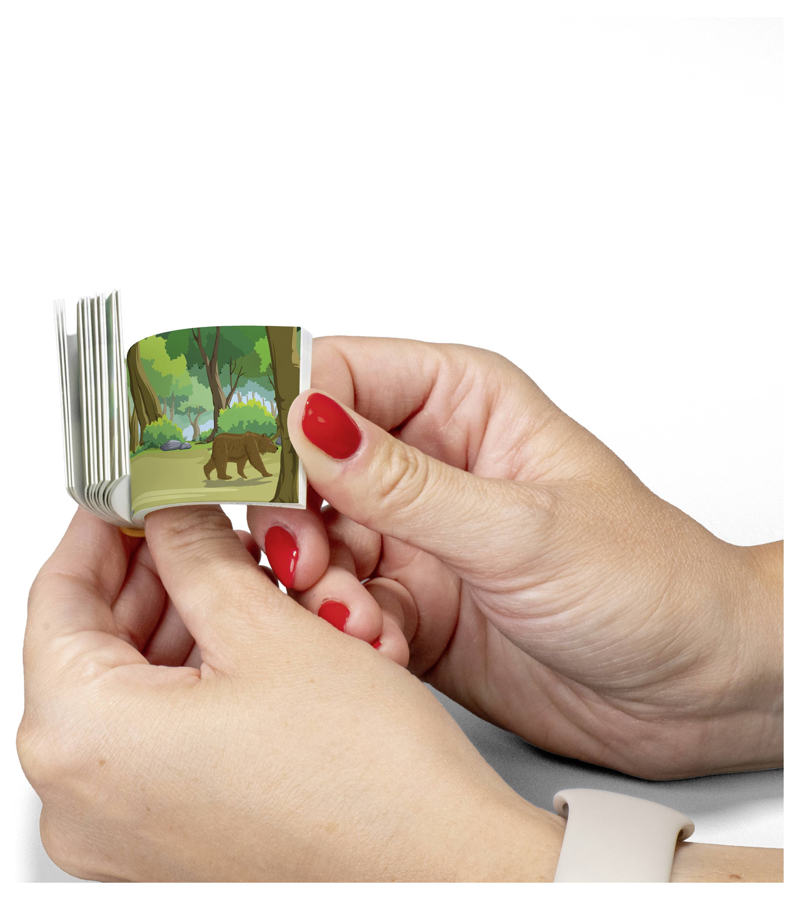 Hands flipping a small flipbook showing an animated bear walking through a forest with trees and greenery in the background.