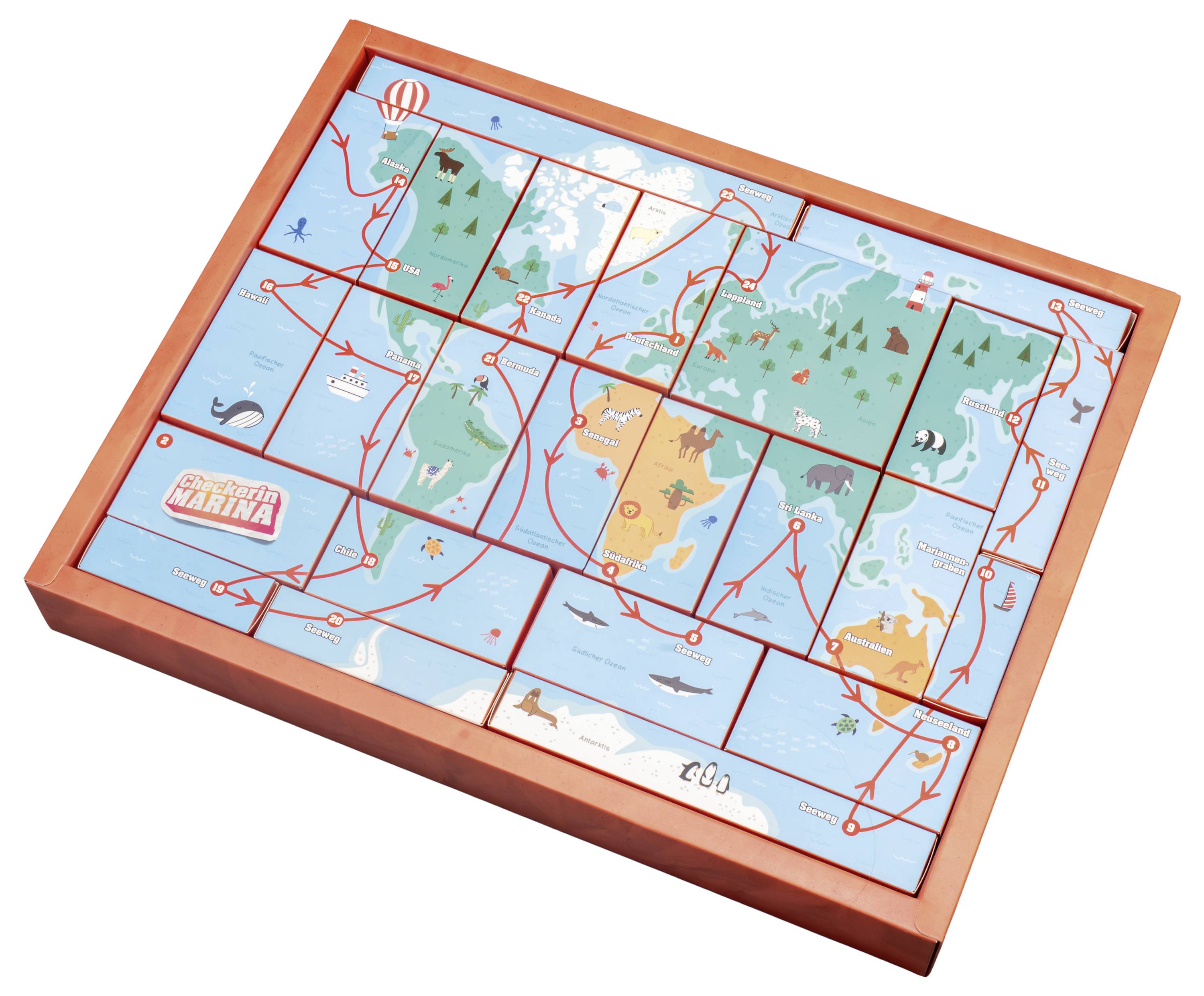 Puzzle showing a world map with red paths connecting various continents and oceanic features, illustrating global travel routes.