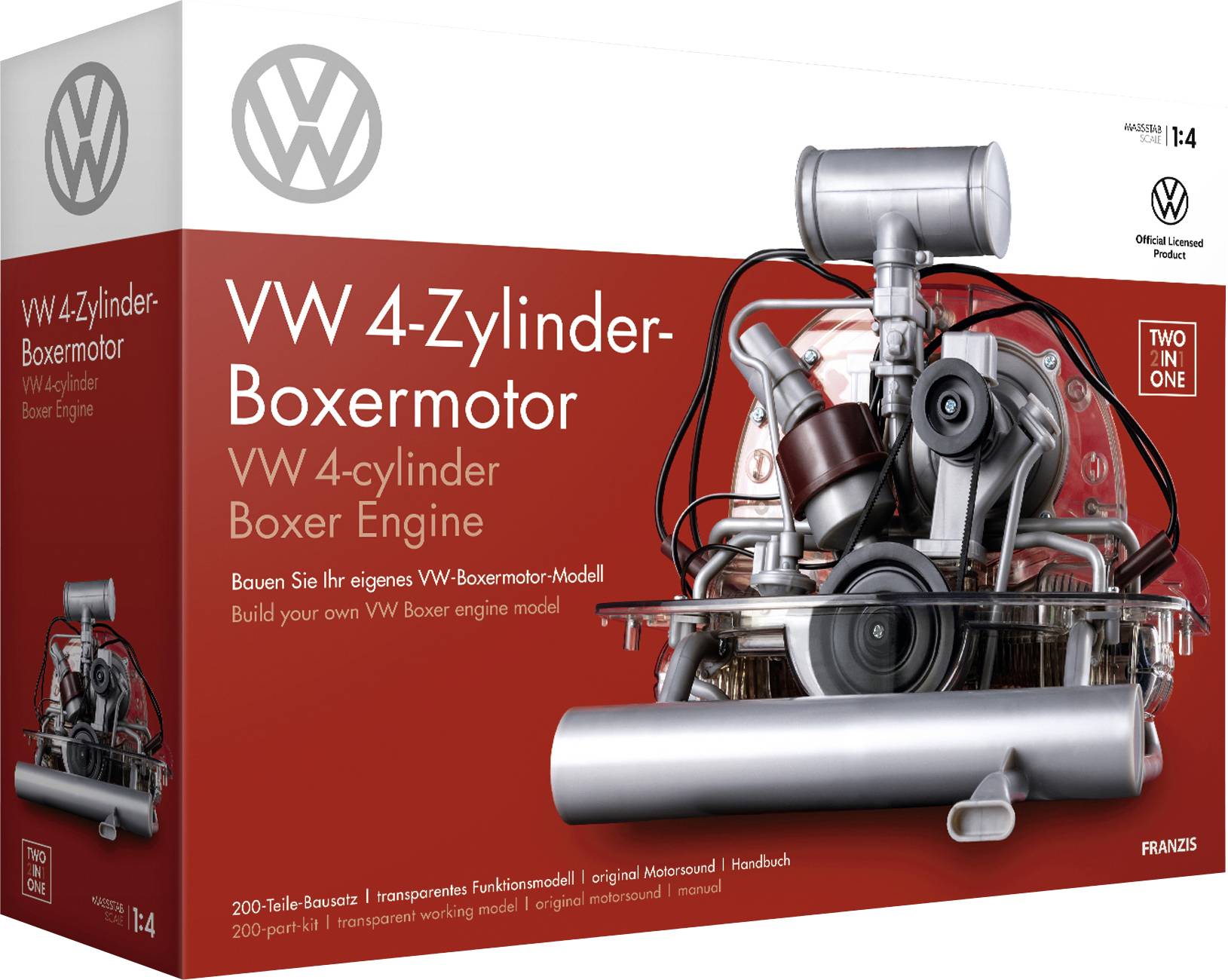 'VW 4-Zylinder-Boxermotor' model kit packaging with components displayed; includes details on building a VW Boxer engine model.