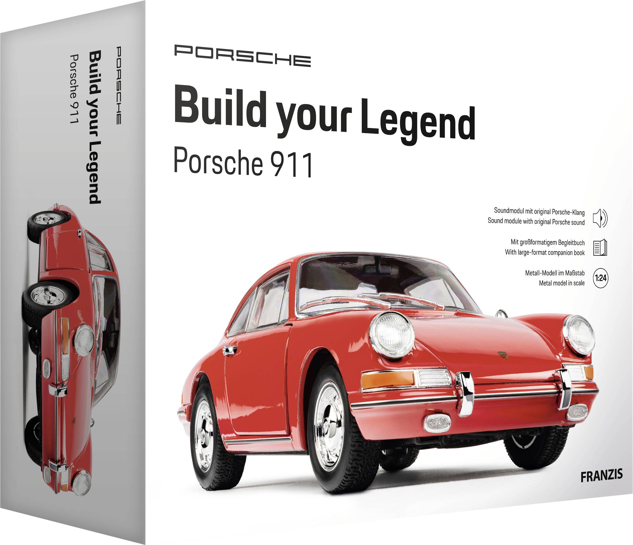 'Build your Legend: Porsche 911' model kit box. Features image of a red Porsche 911. Includes text about sound module and detailed interior.