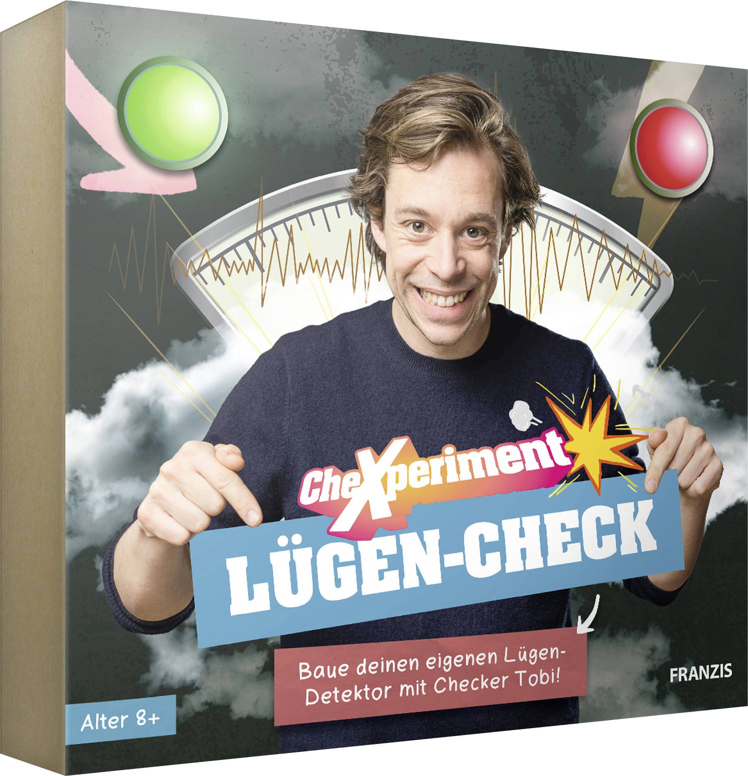 A person smiles and points at a box promoting a DIY lie detector kit for ages 8+. A green check and red cross are at the top corners.